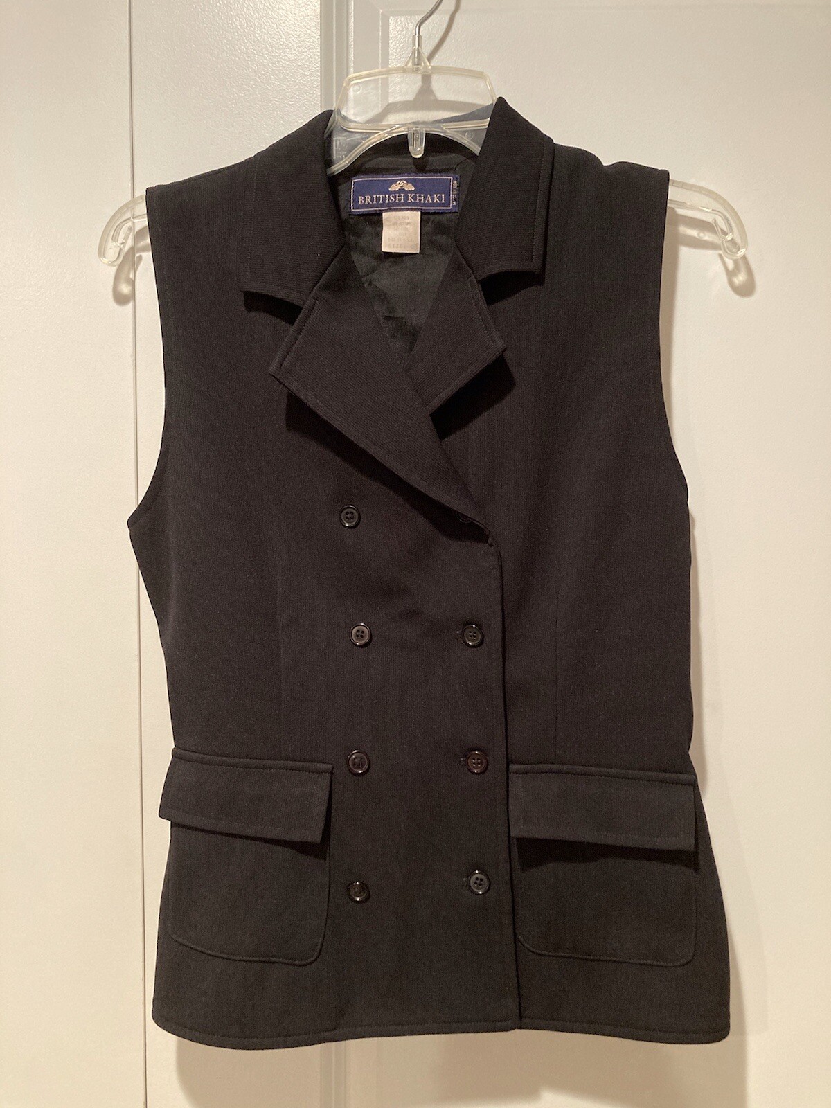 VTG 80s British Khaki Black Polyester Double Breasted Vest Ladies SZ 8