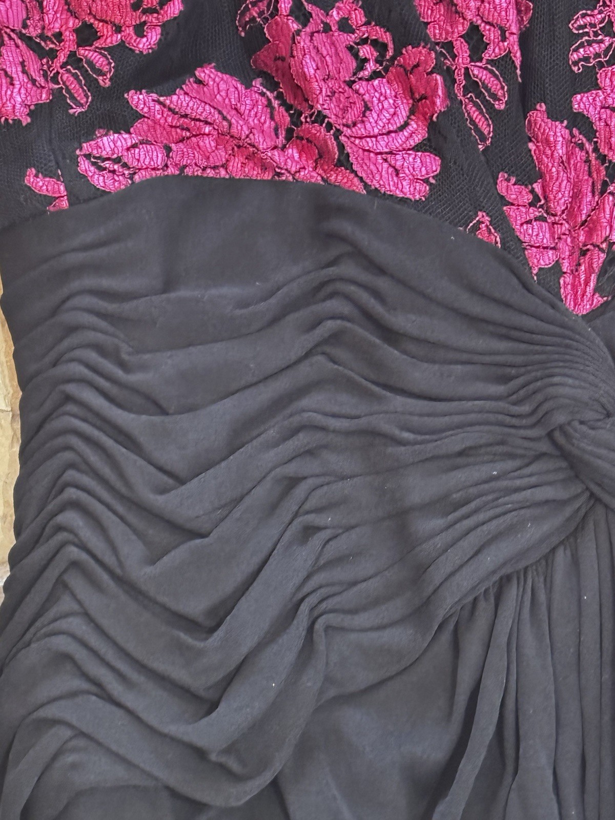 VTG Jill Richards French Lace Gown Dress Pink Midi Black 80s Ruched Size 6 8