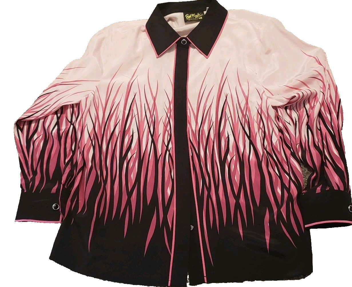 Bob Mackie Wearable Art Pink Silk Shirt Top Blouse L Retro Halloween