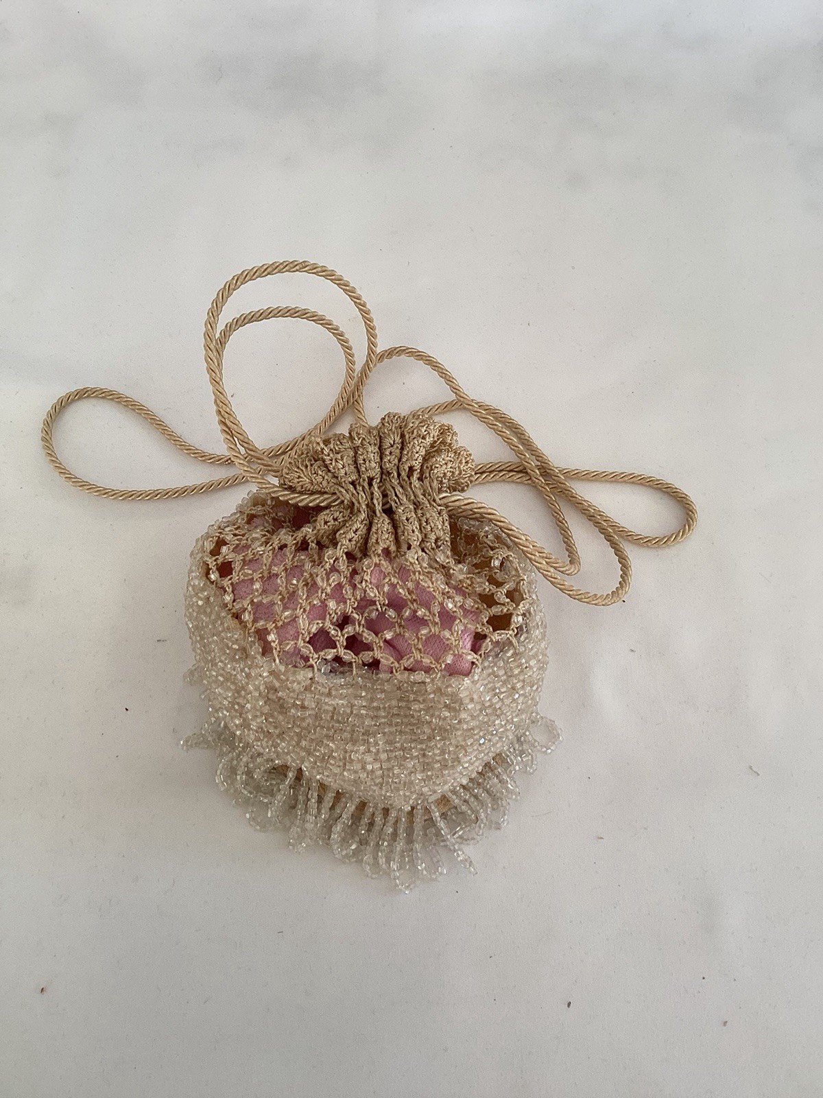 Antique Edwardian Silk Crêpe And Crochet White Glass Beads Reticule Evening Bag