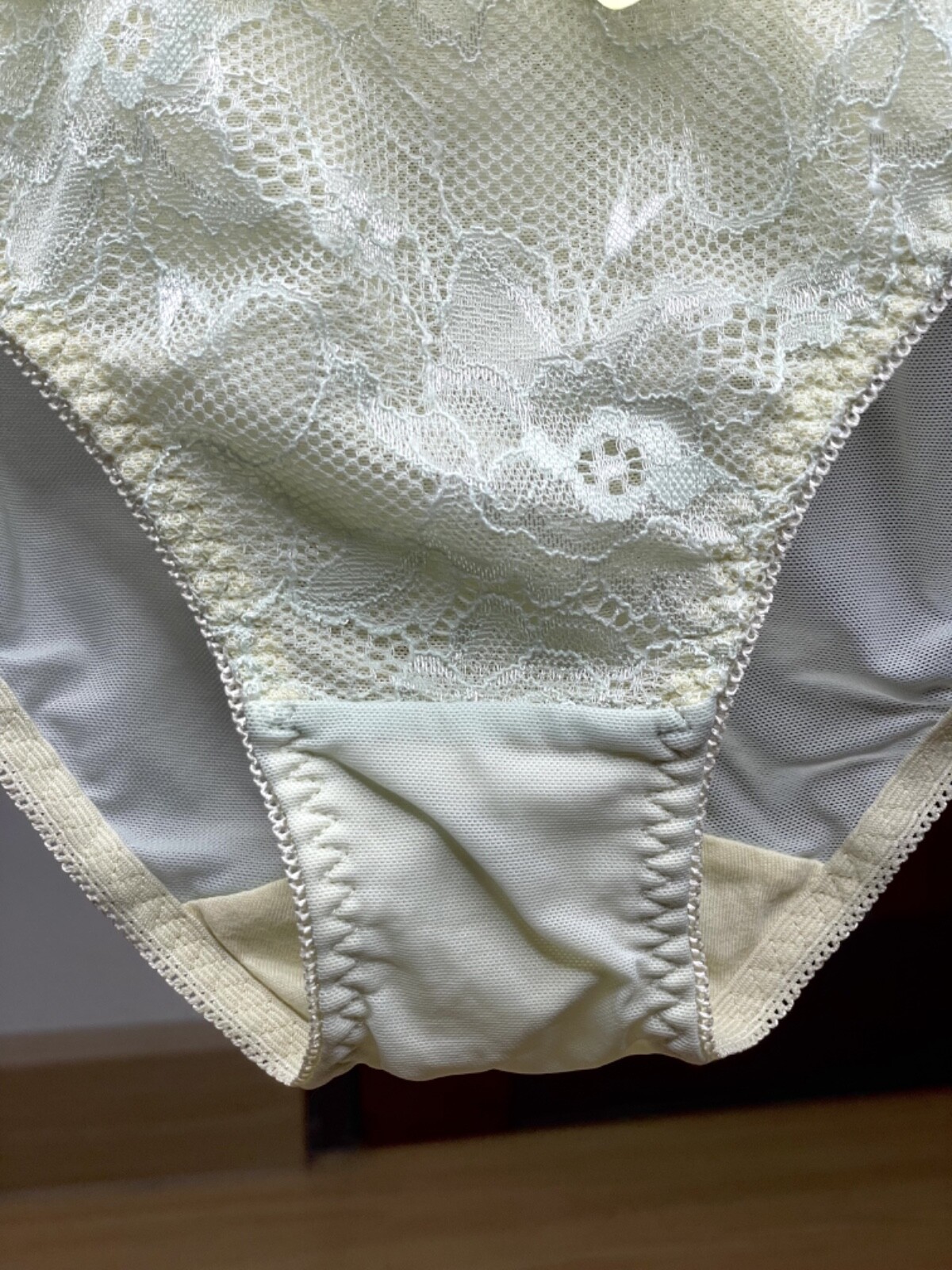 Vintage Silky Pale Nylon Mesh Sissy Panty Sz.5 Floral Lace Briefs Hip 34-37″