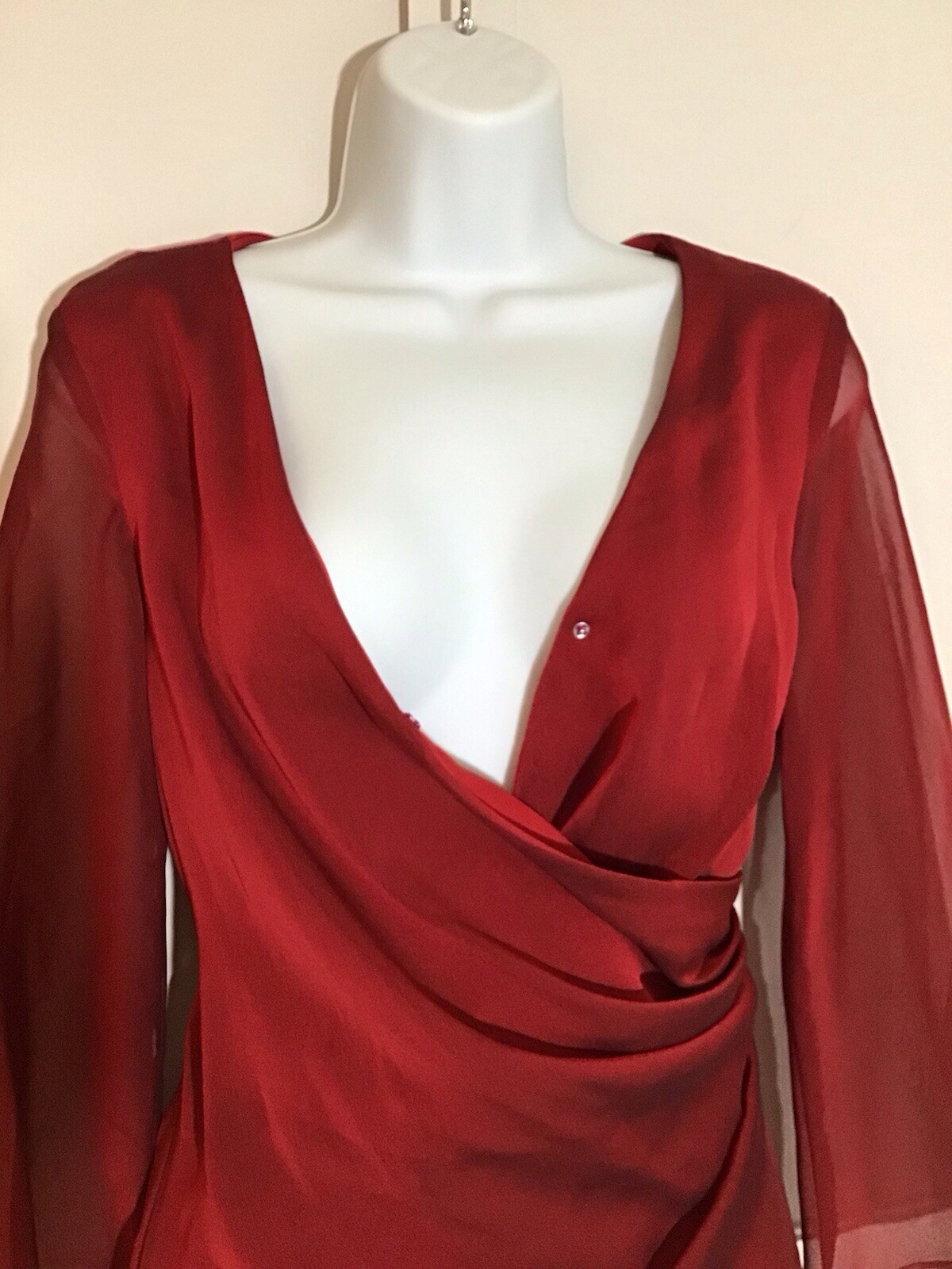 Vintage Donna Ricco Red Chiffon Faux Wrap Dress Size 10 Lined