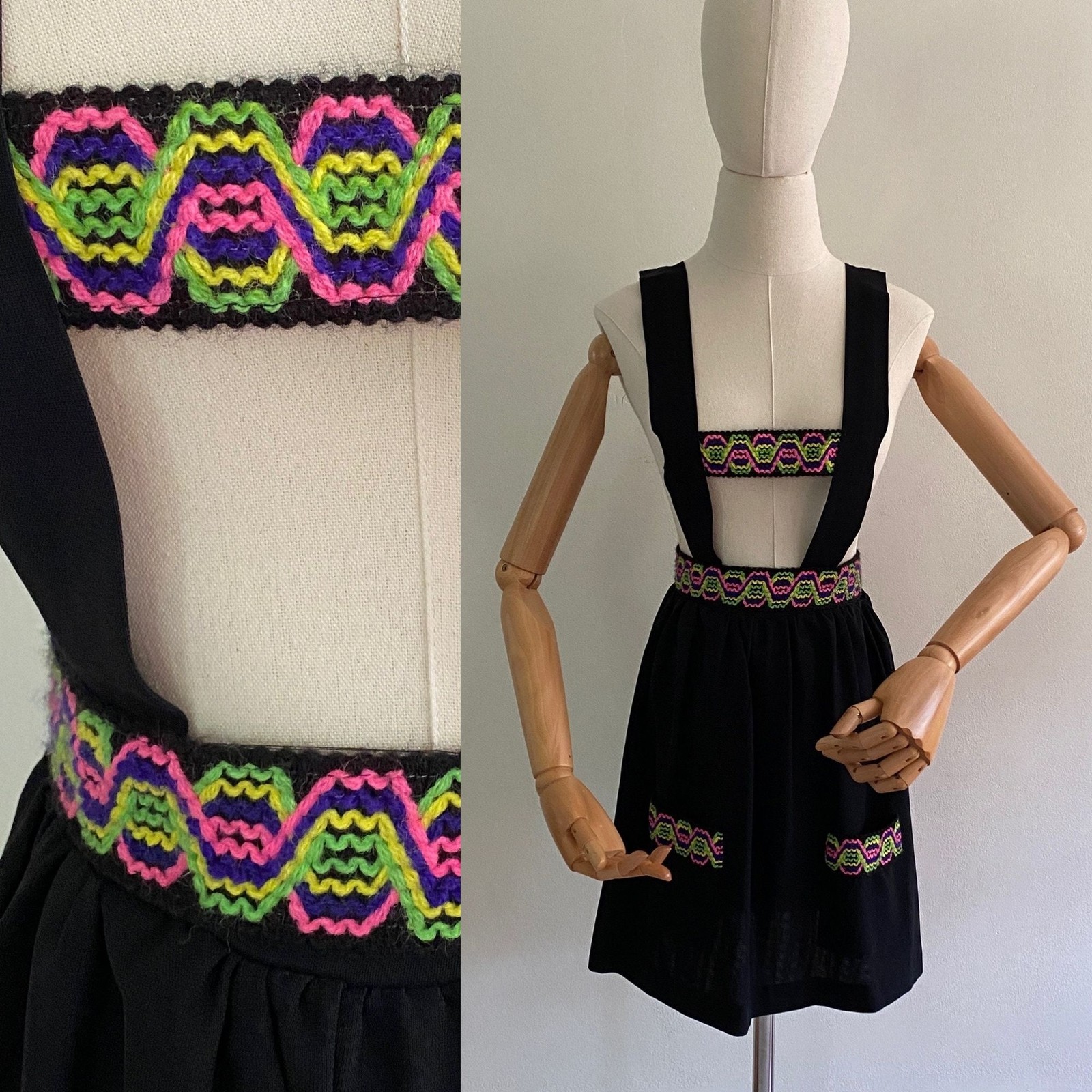 60s overall skirt / 1960s mod jumper / black vintage pinafore school girl skirt