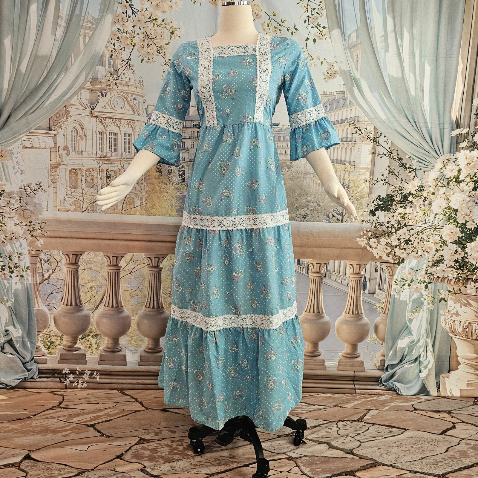 Vintage 1970s Dress Maxi Floor Length Prairie Cottagecore Blue White Polka Dot