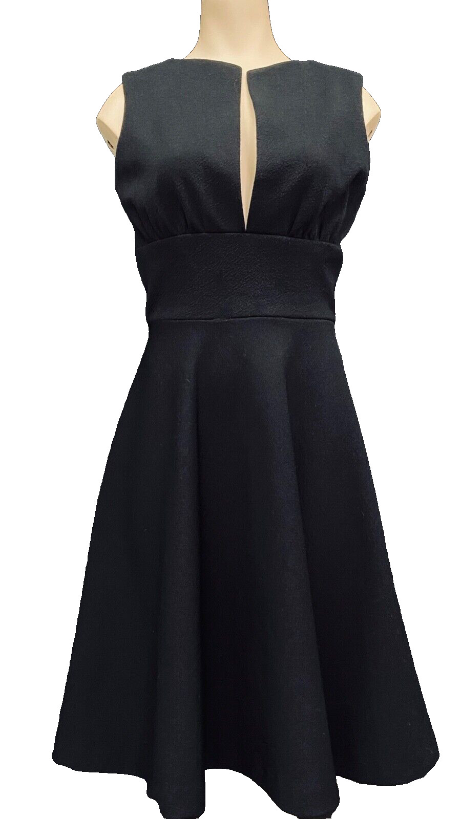 Vintage 1970s black dress, A-line sleeveless deep V neck sexy knee-length XS S