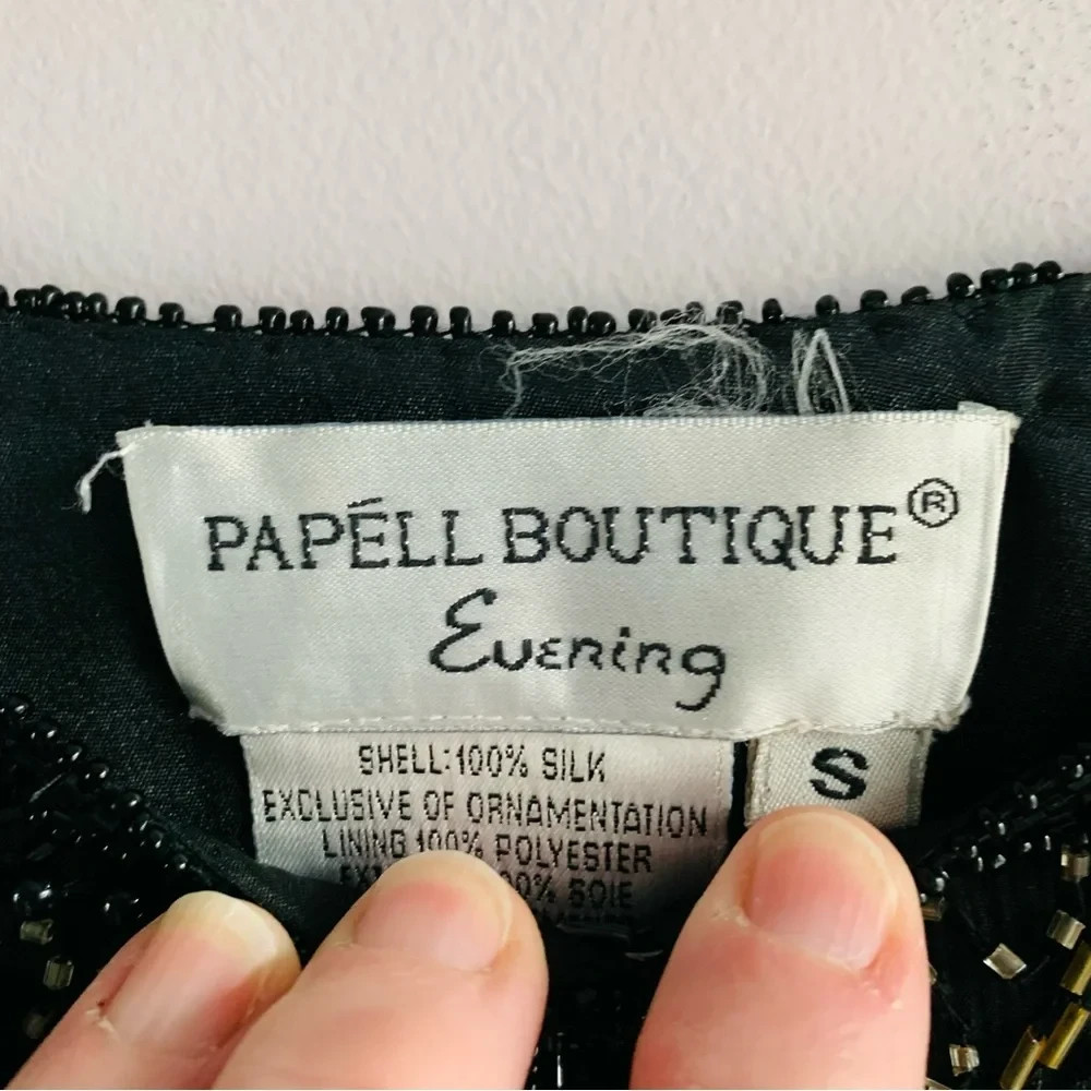 Vintage Silk 'Papell Boutique; Beaded Evening Jacket Black Silver Gold Luxury S