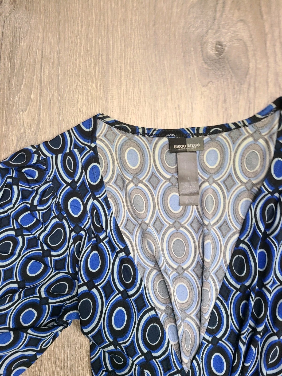 Bisou Bisou Michele Bohbet Womens 4 A Line Wrap Dress Puff Sleeve Blue Geometric