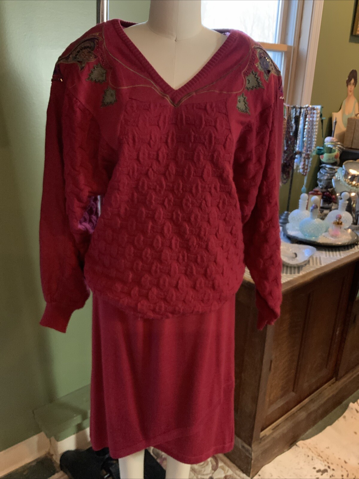 Marc D’Alcy Vintage 80s Knit Skirt Suit Knit Sweater Beaded Embroidery Sz Sz L ￼