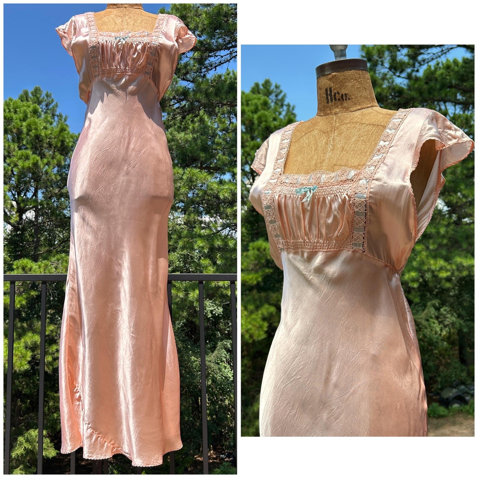Vintage 30s Peach Liquid Satin Shirred Bias Cut Boudoir Slip Dress Nightgown