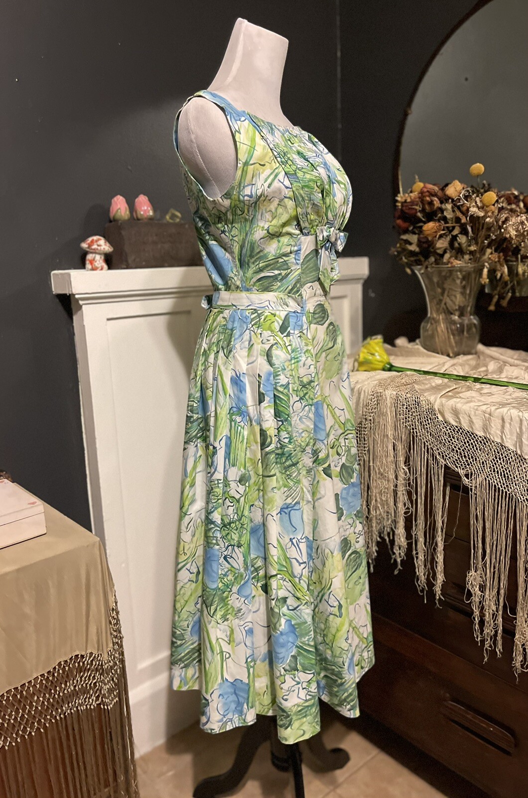 1950’s Vintage Water Color Floral Summer Dress Blues Greens