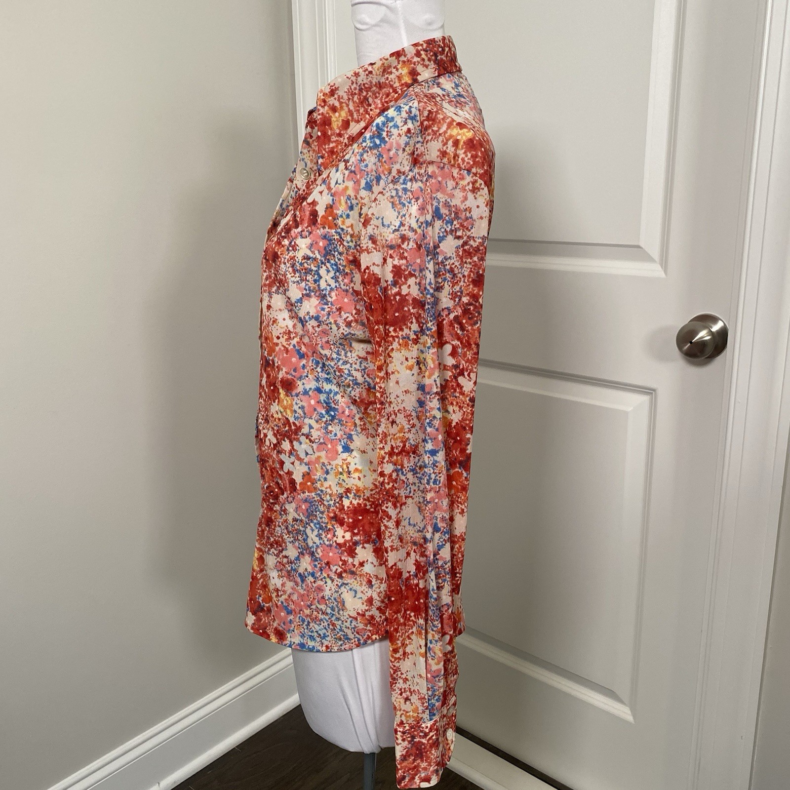 VTG 70’s Sheer Button Up Dagger Collar Shirt Red Disco Floral Secretary Size S/M