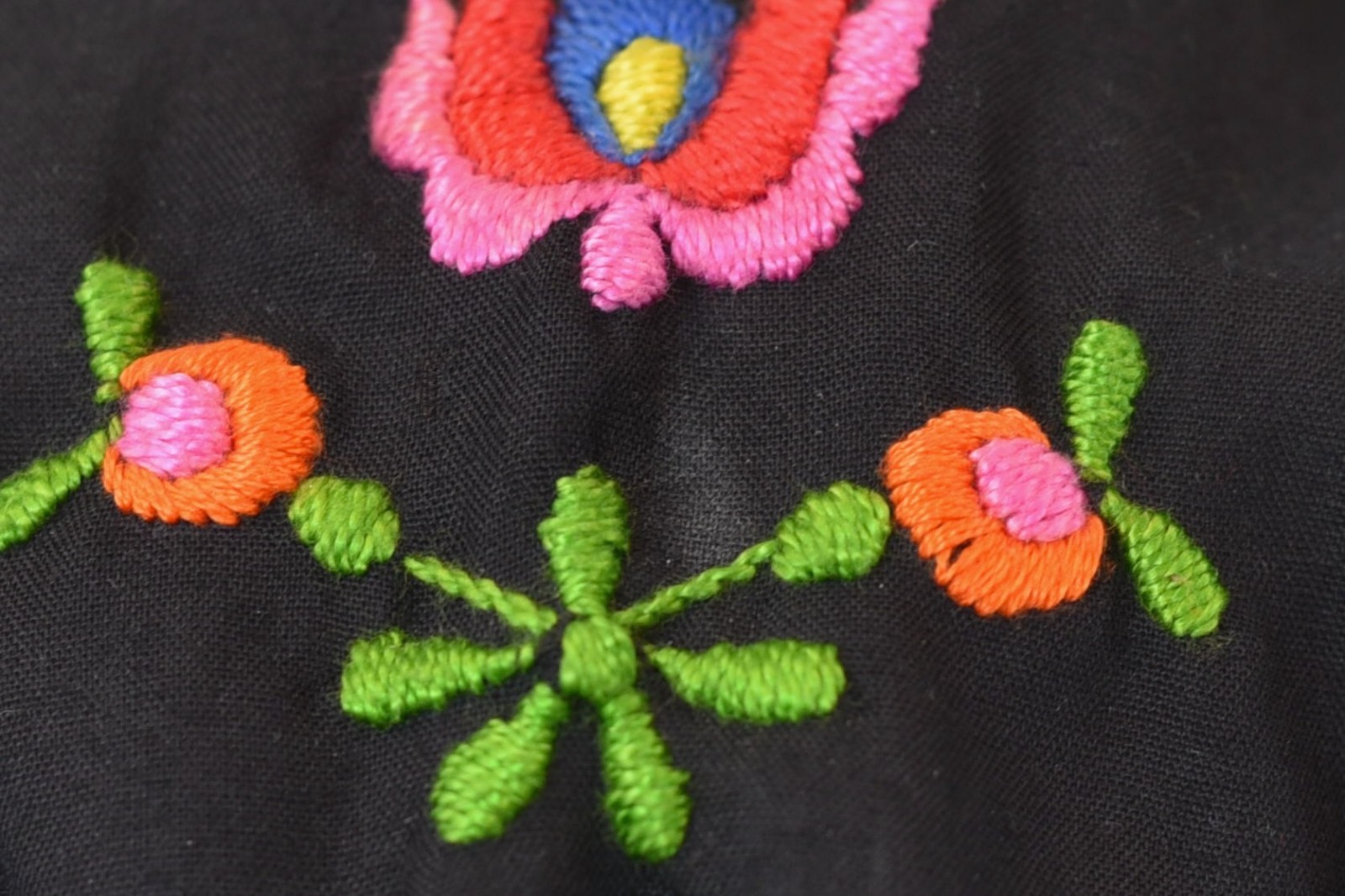 Vtg 1970s does 1930s Black Floral Embroidered Cotton Hungarian Peasant Blouse