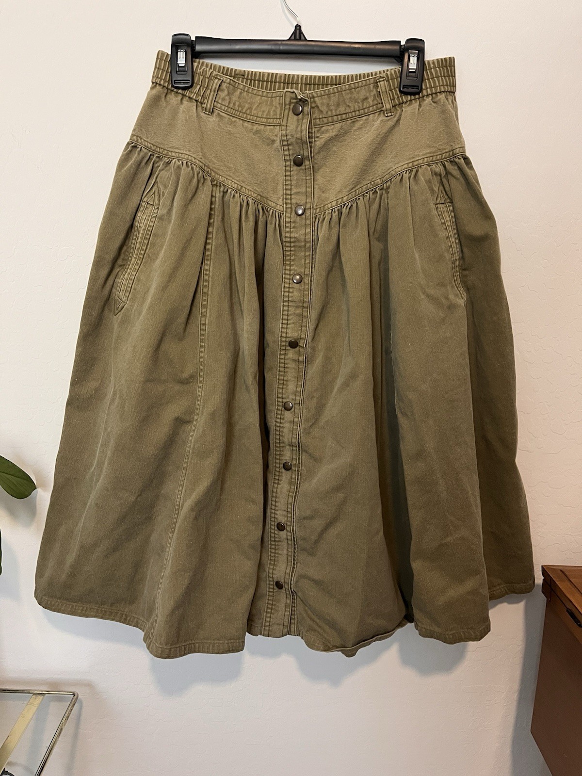 Vintage Counterparts Olive Green Button Up Flare Midi Skirt