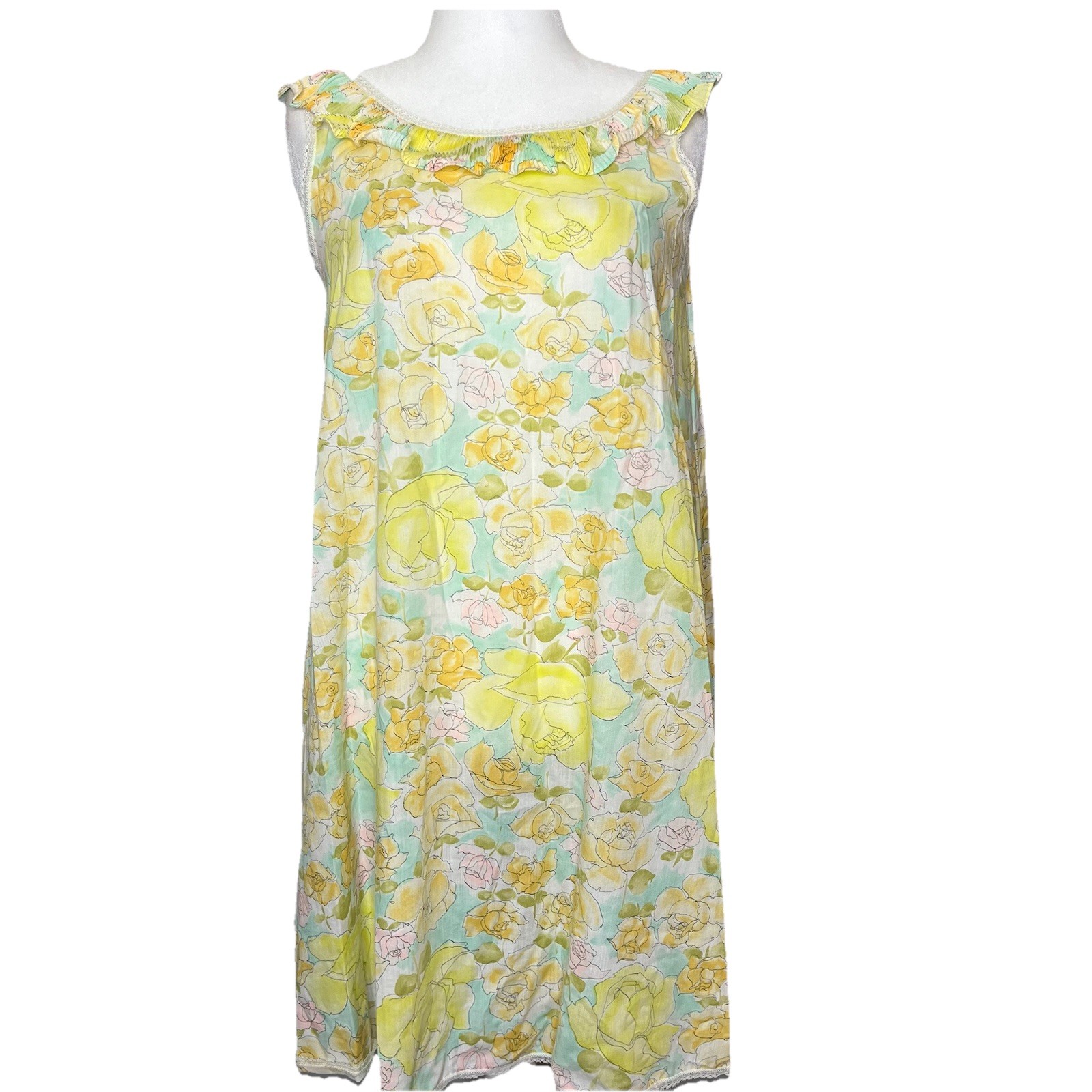 Lord & Taylor Sally Schrank Nightgown M Dress Vtg Floral Pleated Ruffle Collar