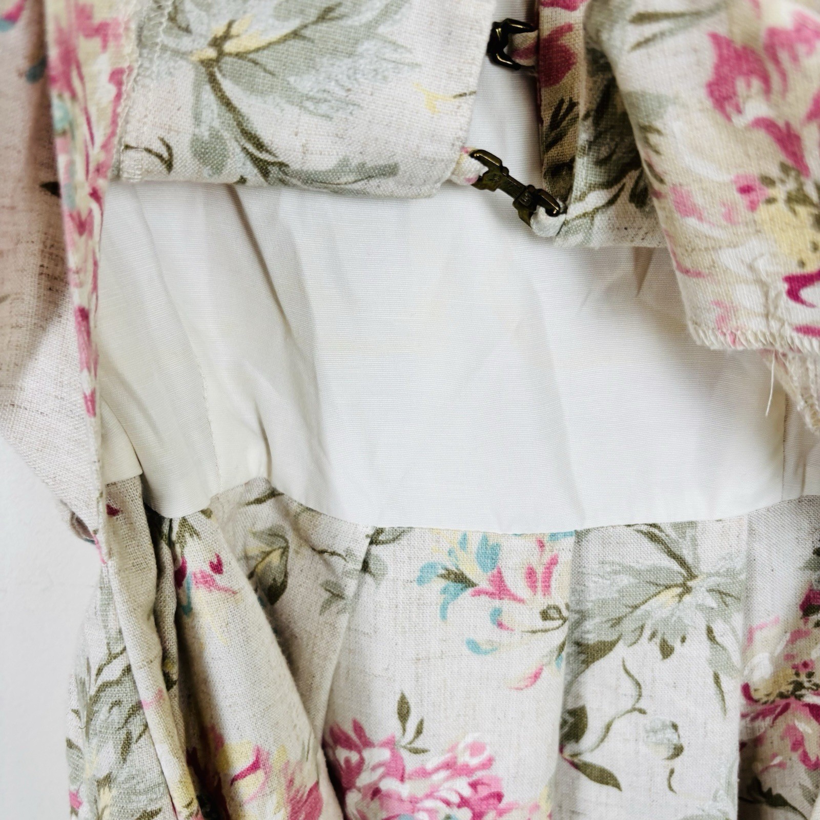Vintage Peri Petites Dress Womens 10P Flax Blend Pink Floral Cottage Midi Dress