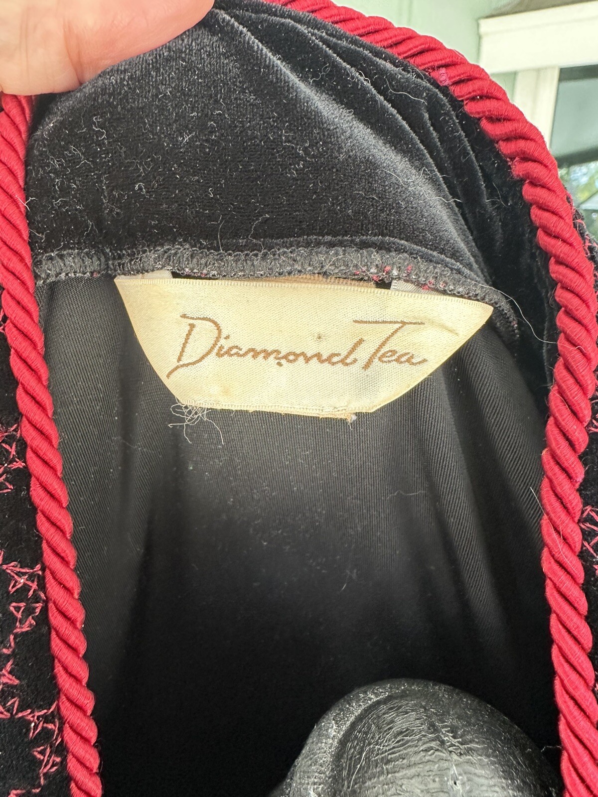 Diamond Tea Black Velvet 1/2 Zip Robe Lounge Coat Red Crystal Zipper Brocade S