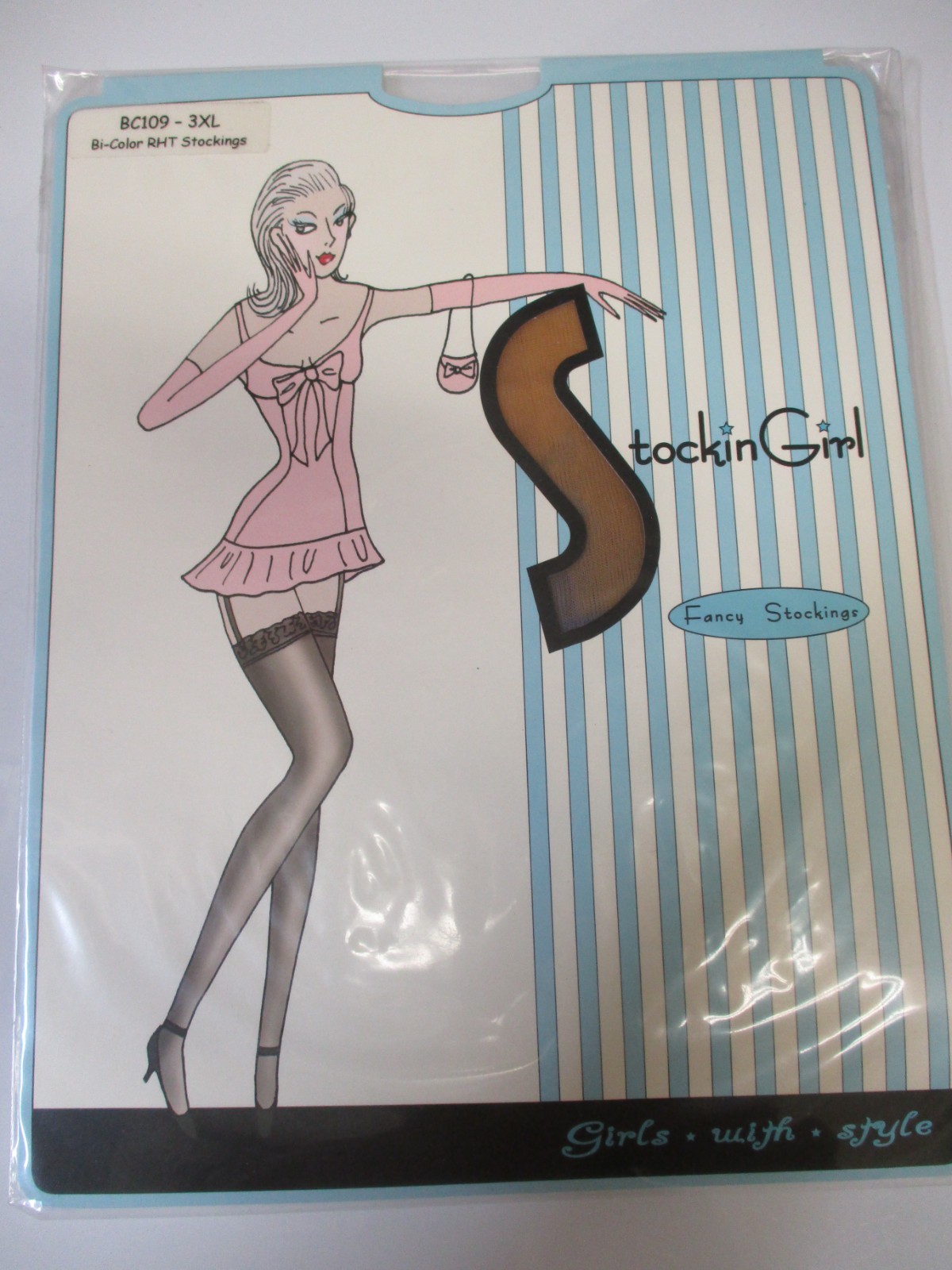 1PR VINTAGE STOCKING GIRL RHT SHEER FLAT KNIT NYLON STOCKINGS 3 XL BLUE/BEIGE