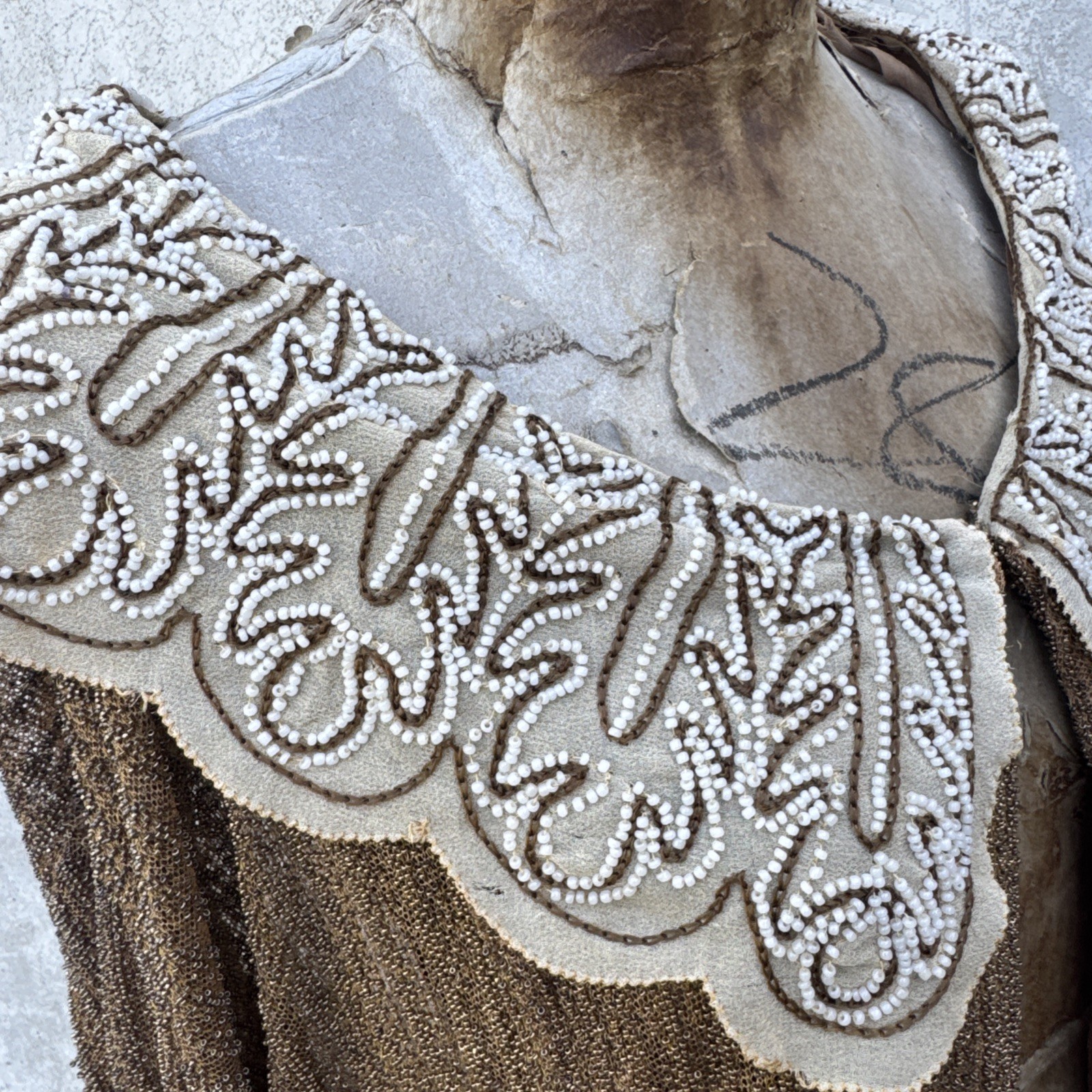 Antique 1920s Completely Beaded Gold Coat Scalloped Hem Art Deco Net Vintage