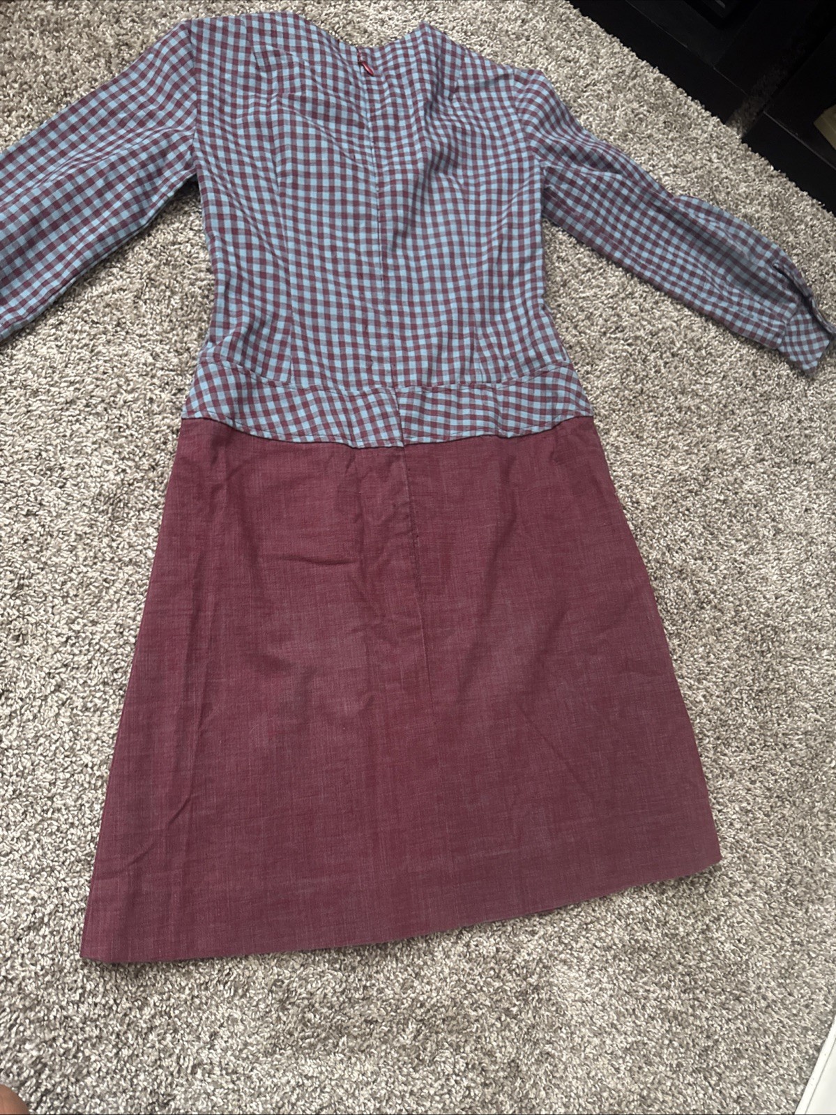 Vintage 1960s Drop Waist Gingham Purple Burgundy Blue Long Sleeve Pleated Dress