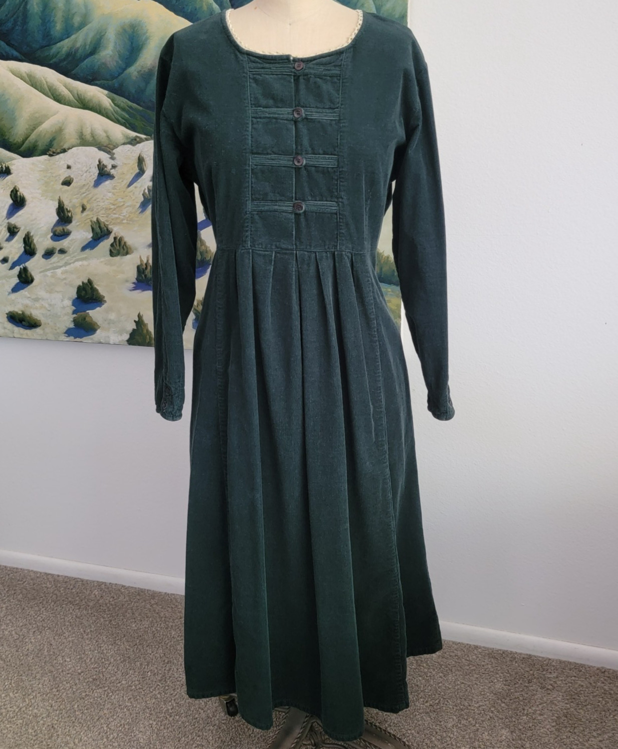 Vintage Corduroy Green Midi 10/L Dress Renaissance Festival Prairie Boho Cottage