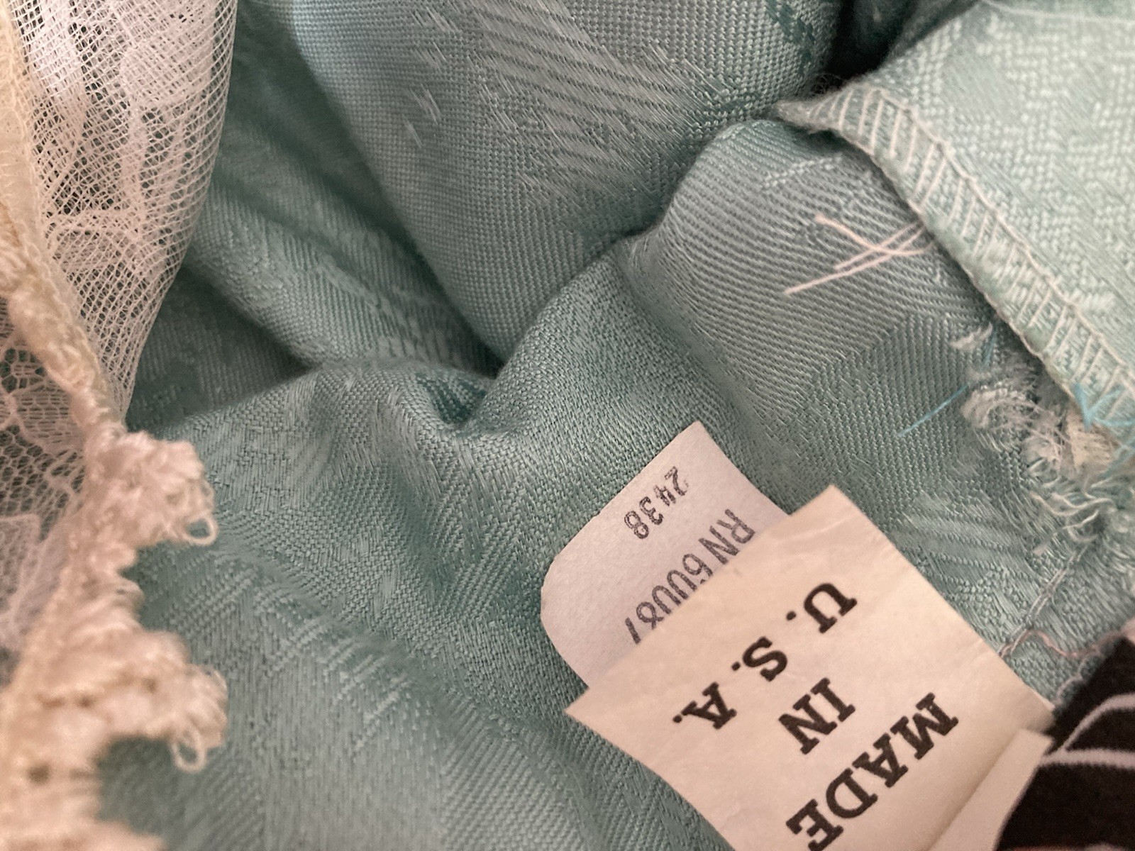 JSJ Vintage Aqua Jacquard/Brocade Dress With Lace & Pearls Size 7/8 Made In USA