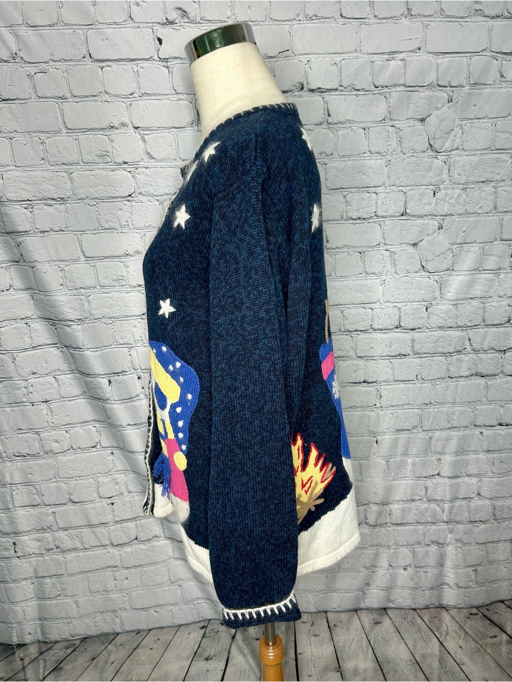Grandma Eclectic Snowman Vintage Cardigan Navy Blue Knit Button Front