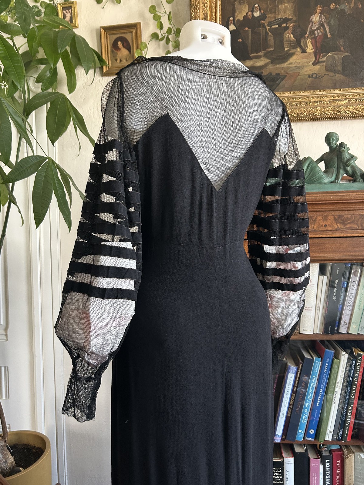 Vintage 1930s Black Mesh Net Gown Balloon Sleeves Bias Cut Art Deco Maxi Dress