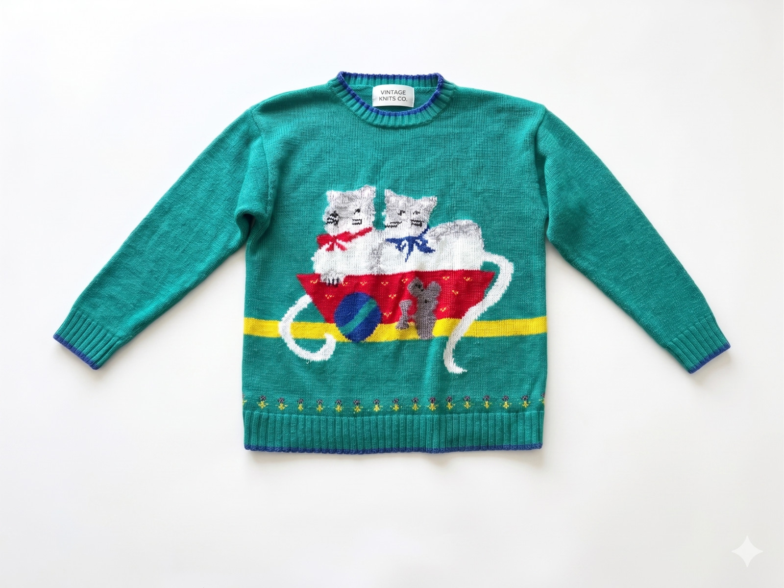 Vintage 90s Knit Sweater Cat Graphic Green Crewneck Cottagecore Kitten Mouse