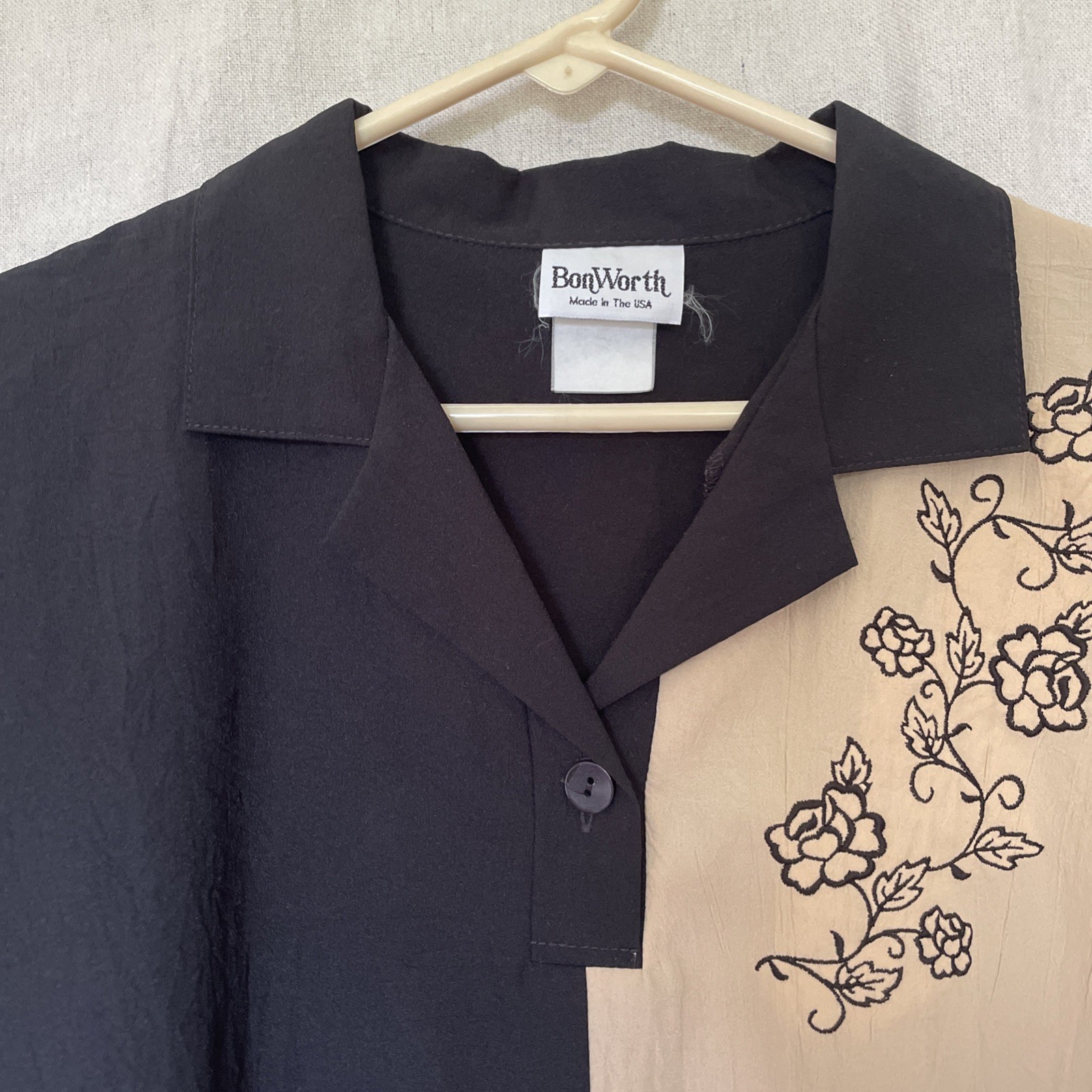 VTG Bon Worth Women’s M Blouson Top Banded Hem And Sleeves Black Tan Made In USA