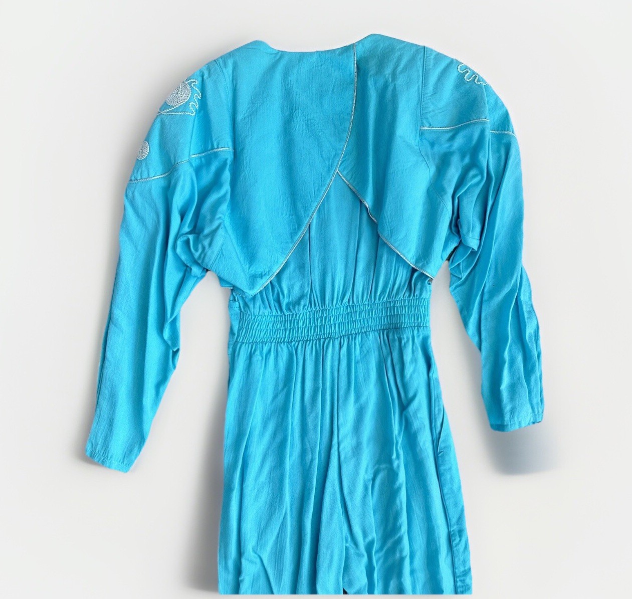 Vintage 80s 90s Teal One Piece Embroidered Tassel Fringe Jumpsuit Jacket Pants