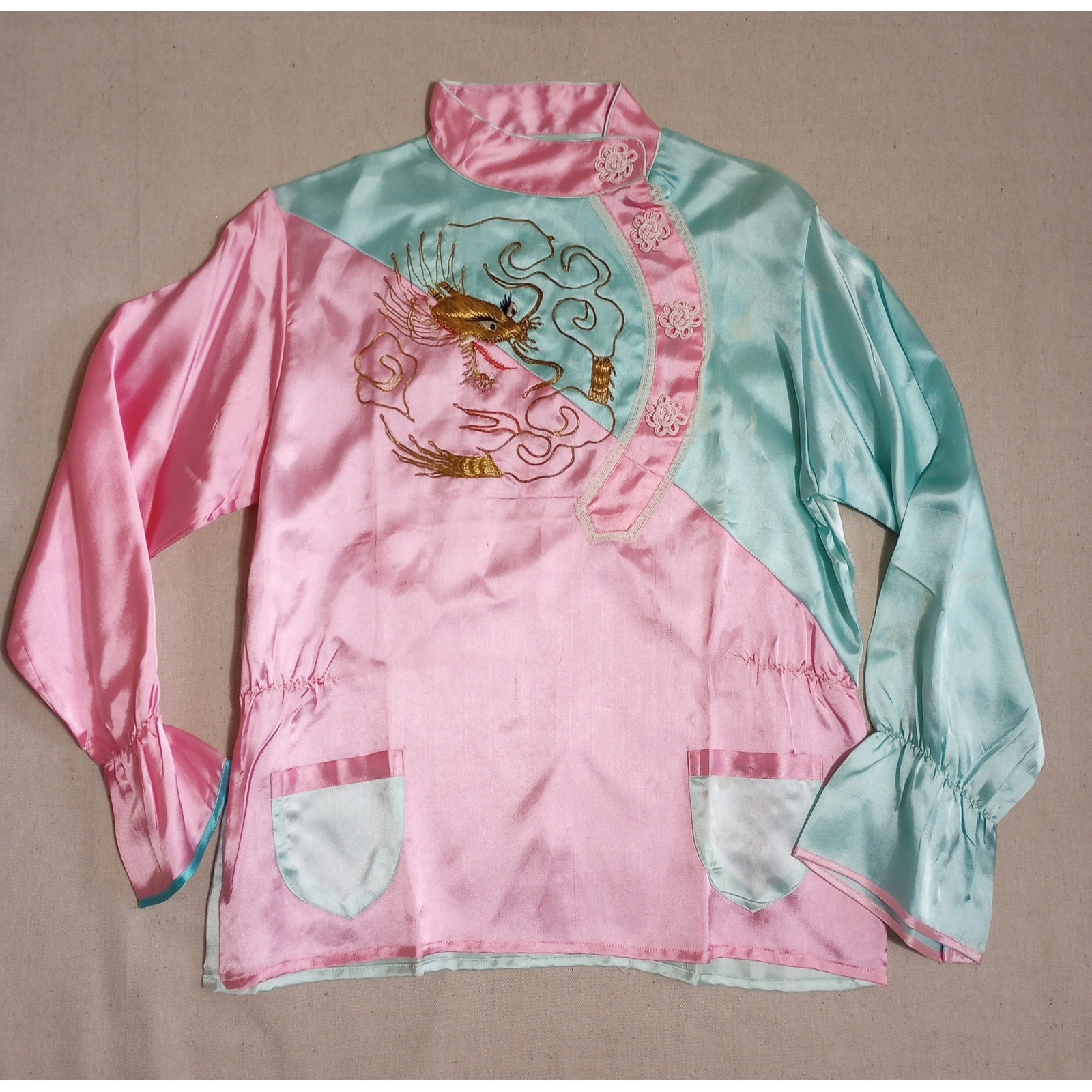 Vintage Pink Aqua Satin Dragon Embroidered Blouse Mandarin Collar