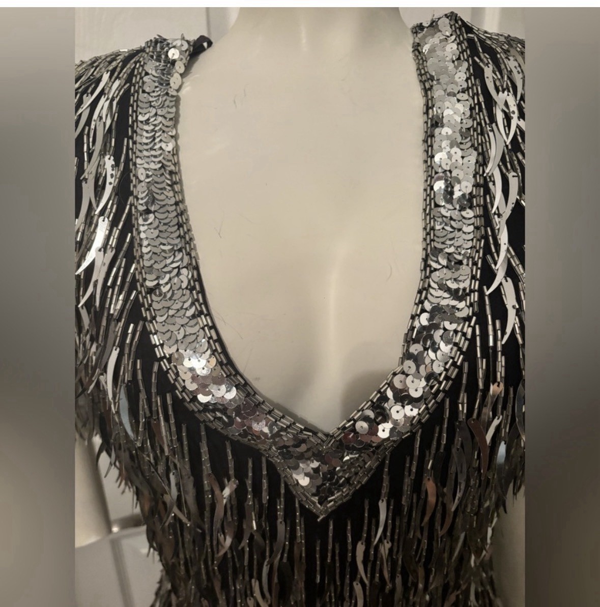 Vintage ShoMax Silver Metallic Tassil Mini Dress s