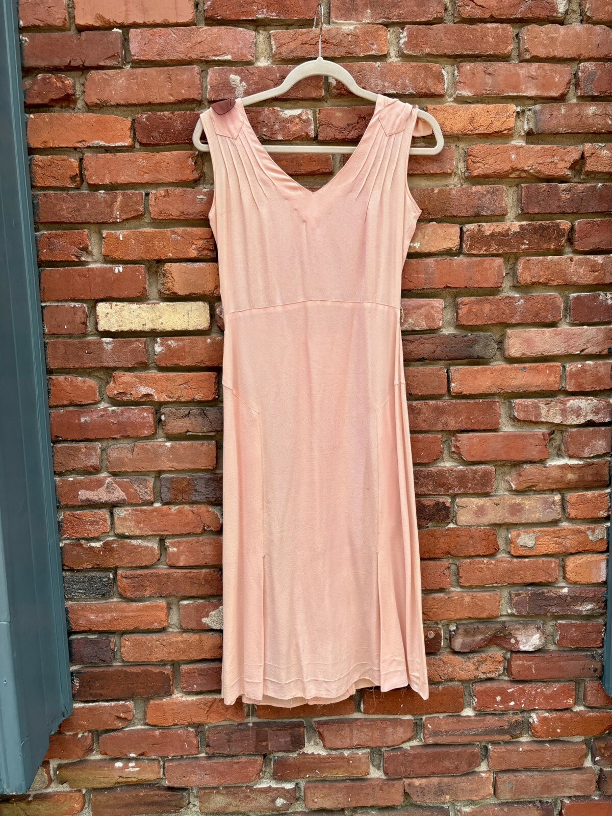 Antique Vintage 1930s Silk Rayon Pink & Brown Sleeveless Dress w/ Belt AS IS