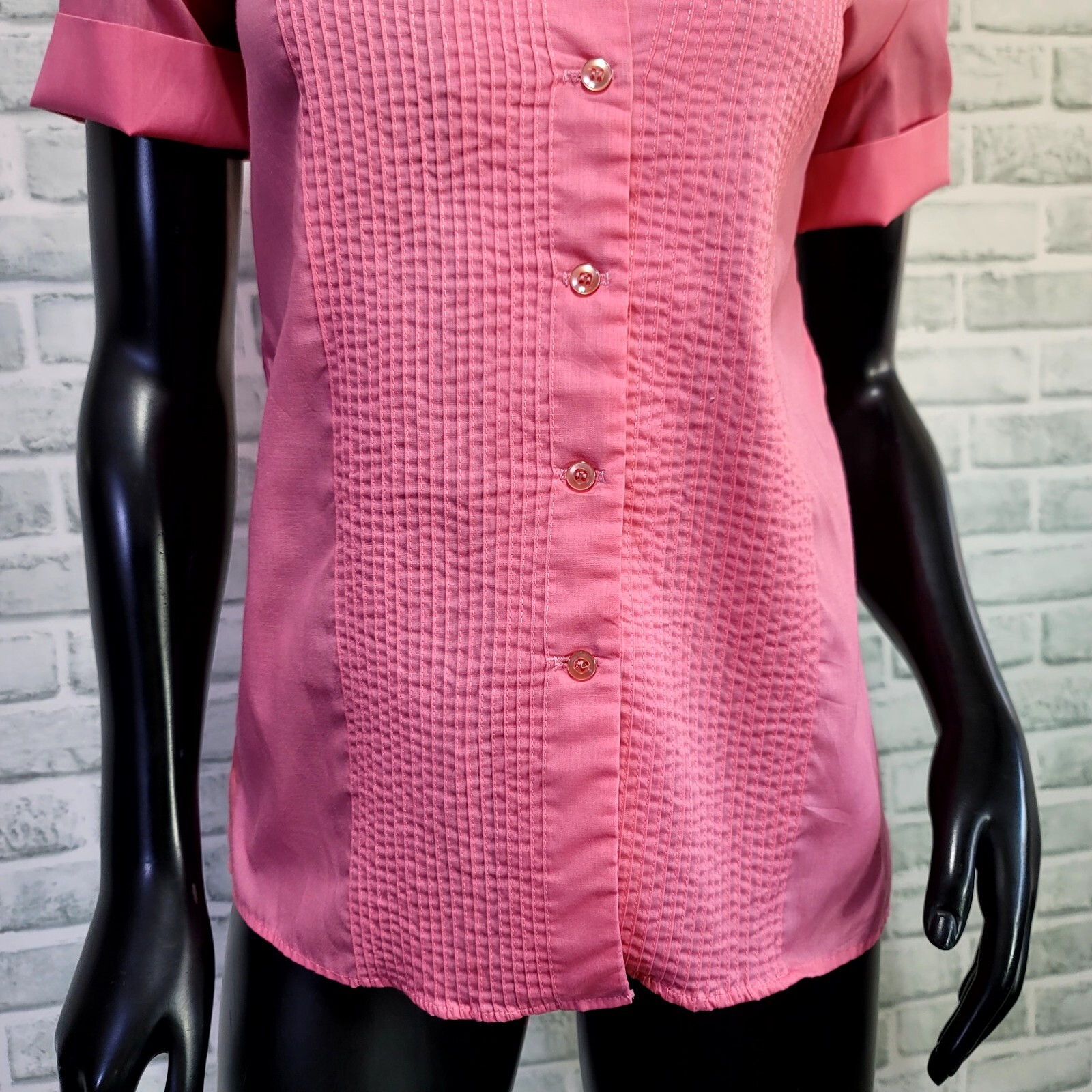 Vintage 70s 80s Lady Diplomat Womens 6 Pink Pintucked Short Sleeve Button Front