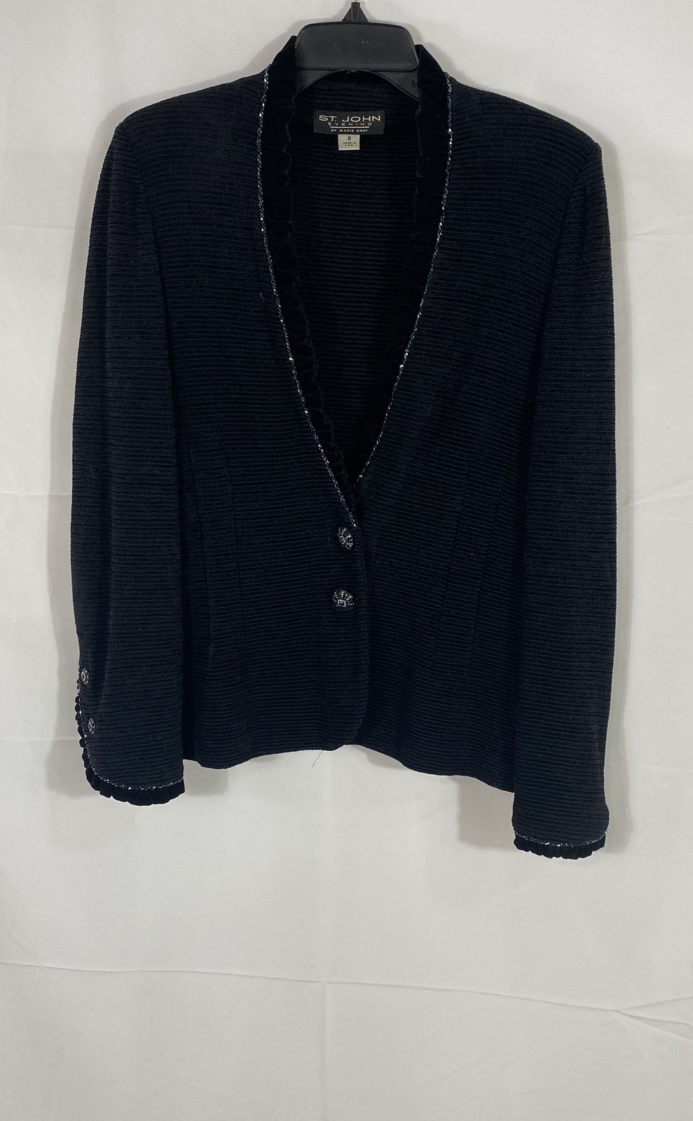 Vintage 90s St. John Evening Women’s Black Ribbed Knit Beaded Blazer Coat Sz 8