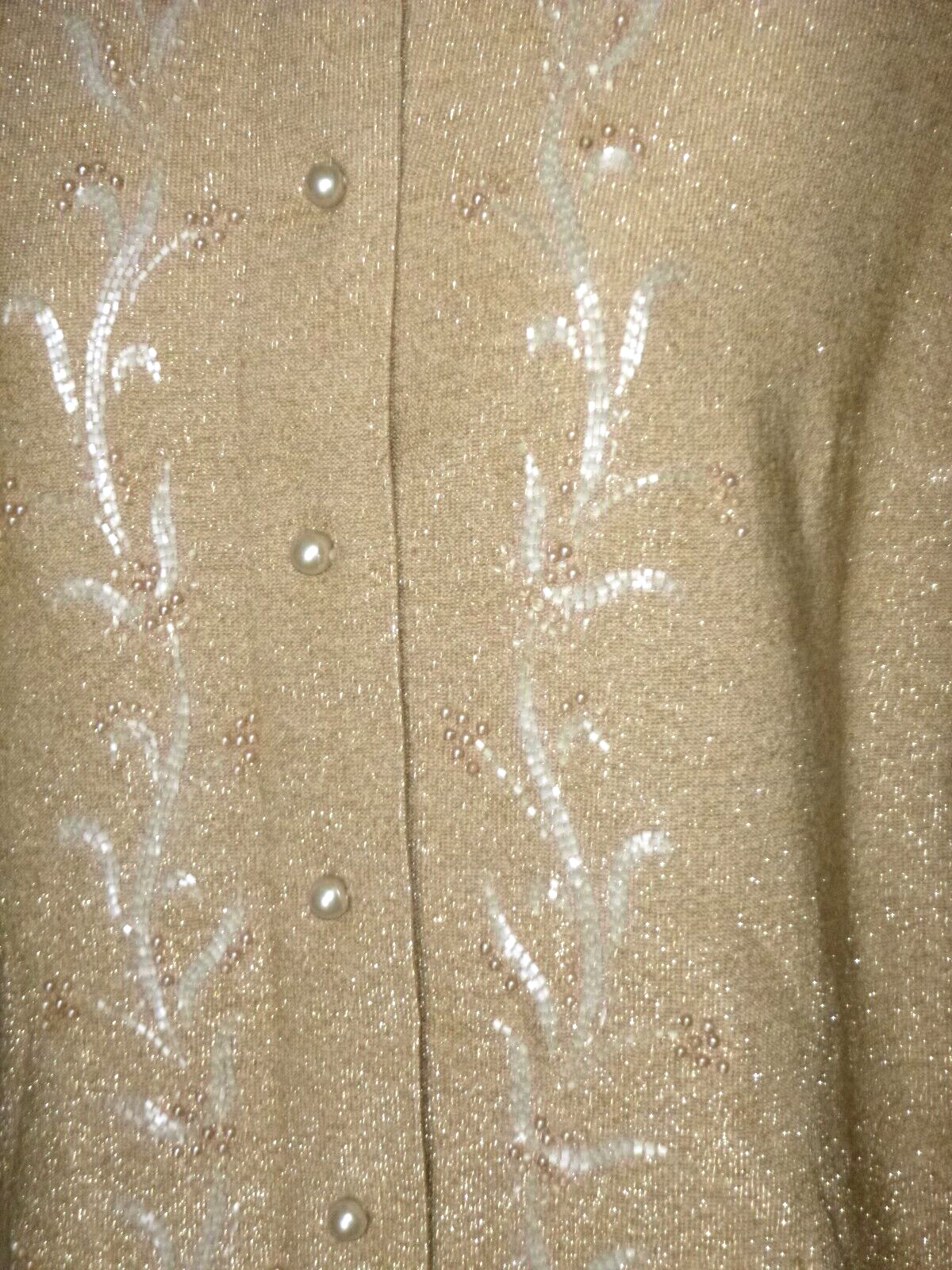 Vtg 60s Gino Paoli 2 Pc Wool Knit Cardigan & Skirt Set Gold metallic Beading S/M