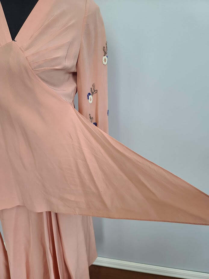 Vintage 1940s Pink Dress Beading on Sleeves Interesting Construction Adjustable