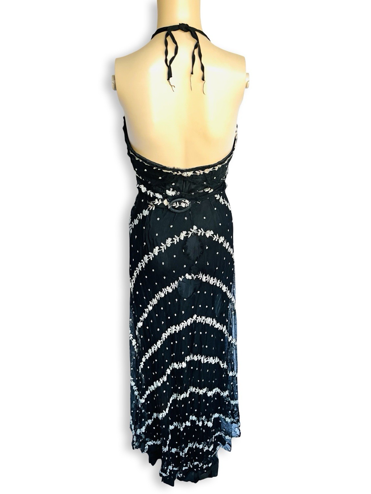 Vintage 1930s Black Mesh White Eyelet Lace Bias Cut Gown Dress Small XS As Is