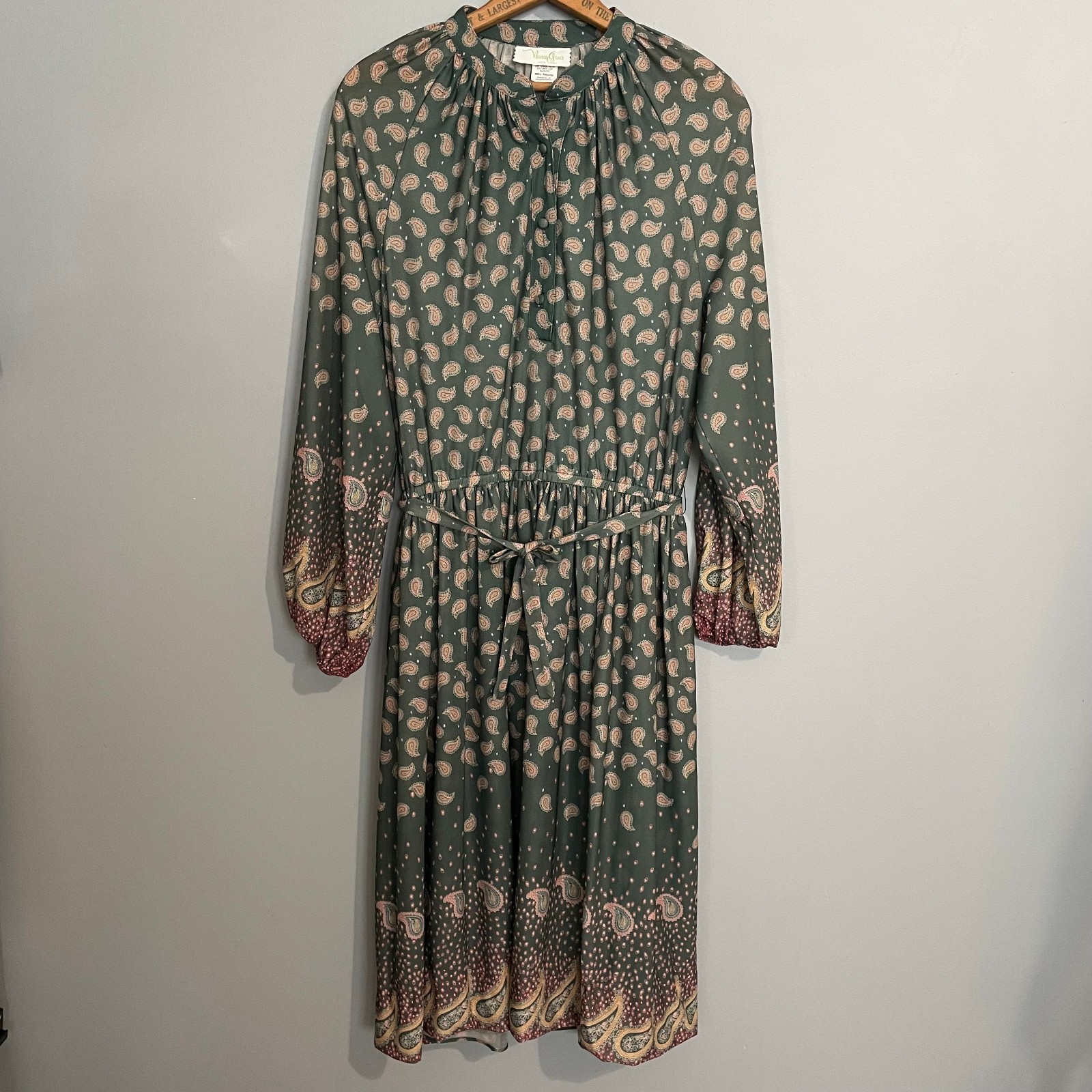 VTG Nancy Greer Dress L Green Paisley 70s Peasent Boho Hippie Cottagecore NWOT