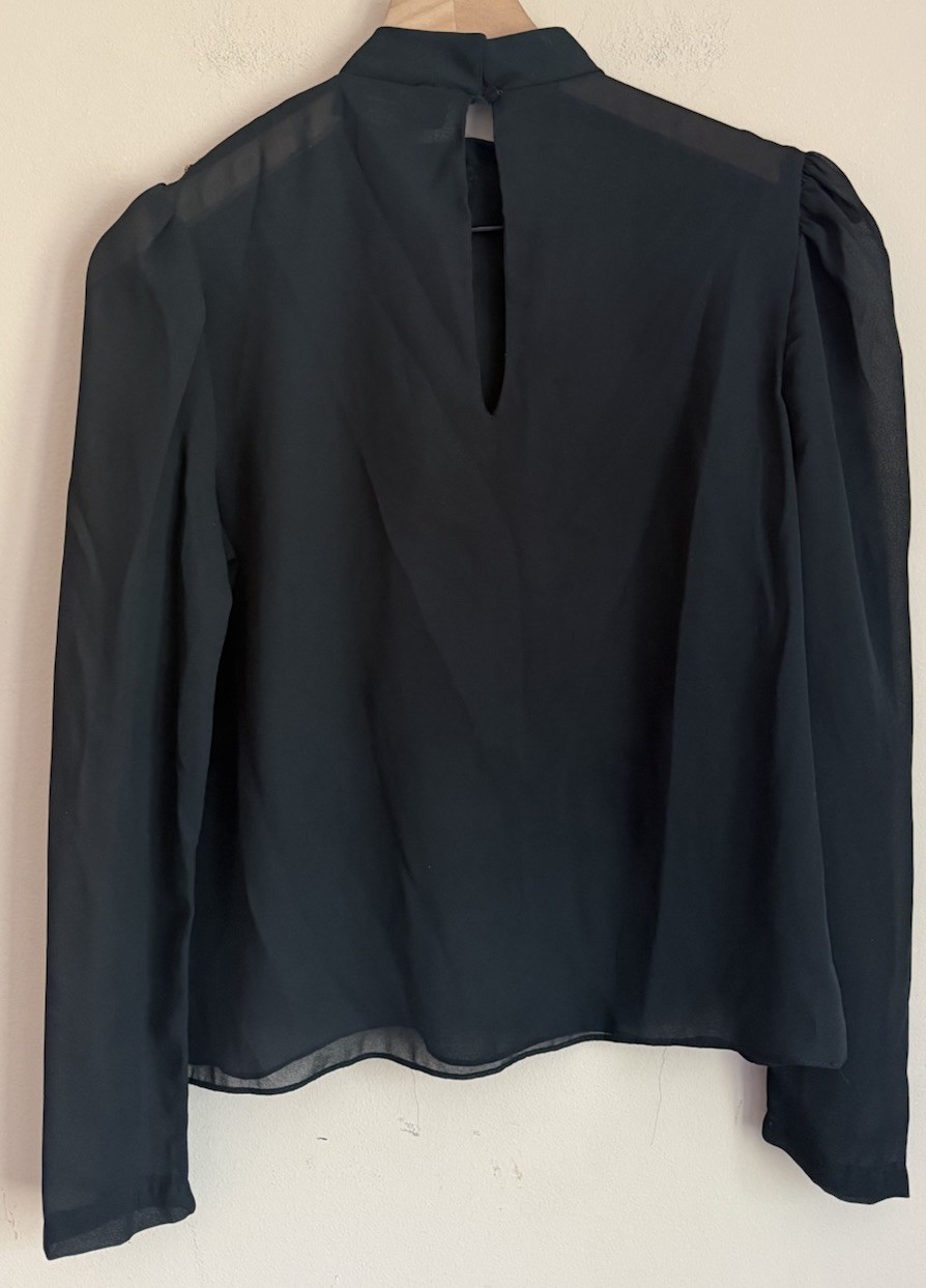 Vintage Blouse 70s 80s Silky Secretary Ruffle U Turn Womens Size Medium Sheer