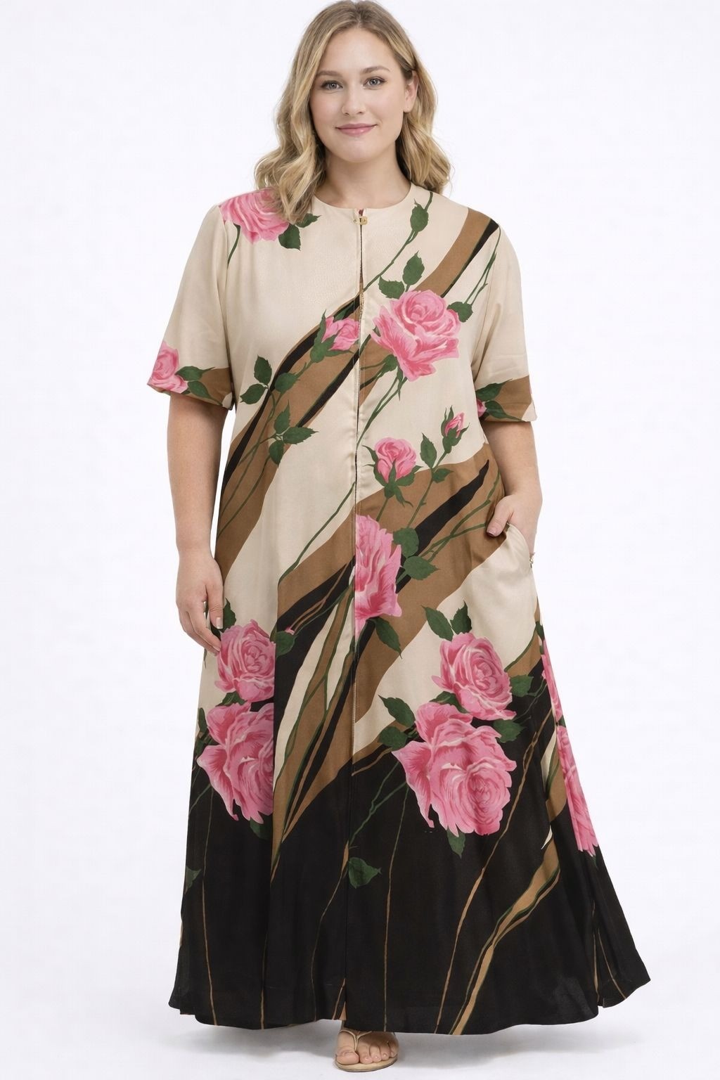 Vintage 1960s Butterfield 8 Big Flower Rose Half Zip House Robe Kaftan Dress, M