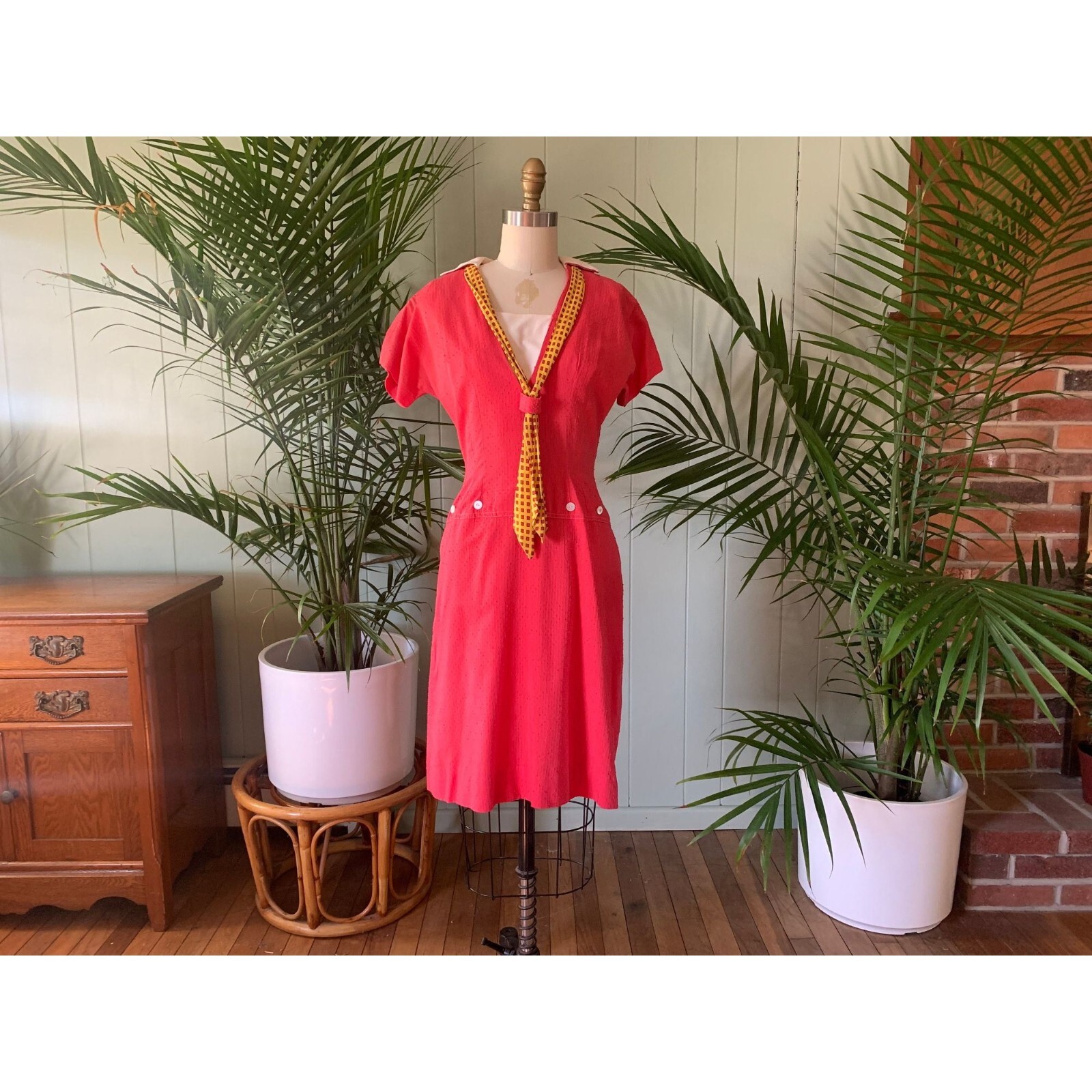 Vintage 1960s Red Dotted Swiss Cotton Dress White Collar Yellow Red Scarf