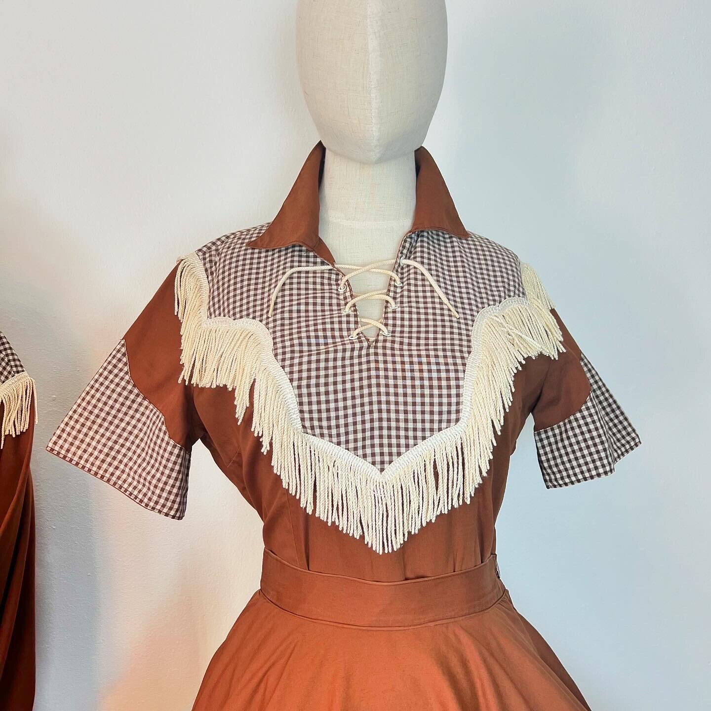 HIS & HERS 60’s Vintage Western Gingham Fringe Shirt Circle Skirt Suit S M L Xl