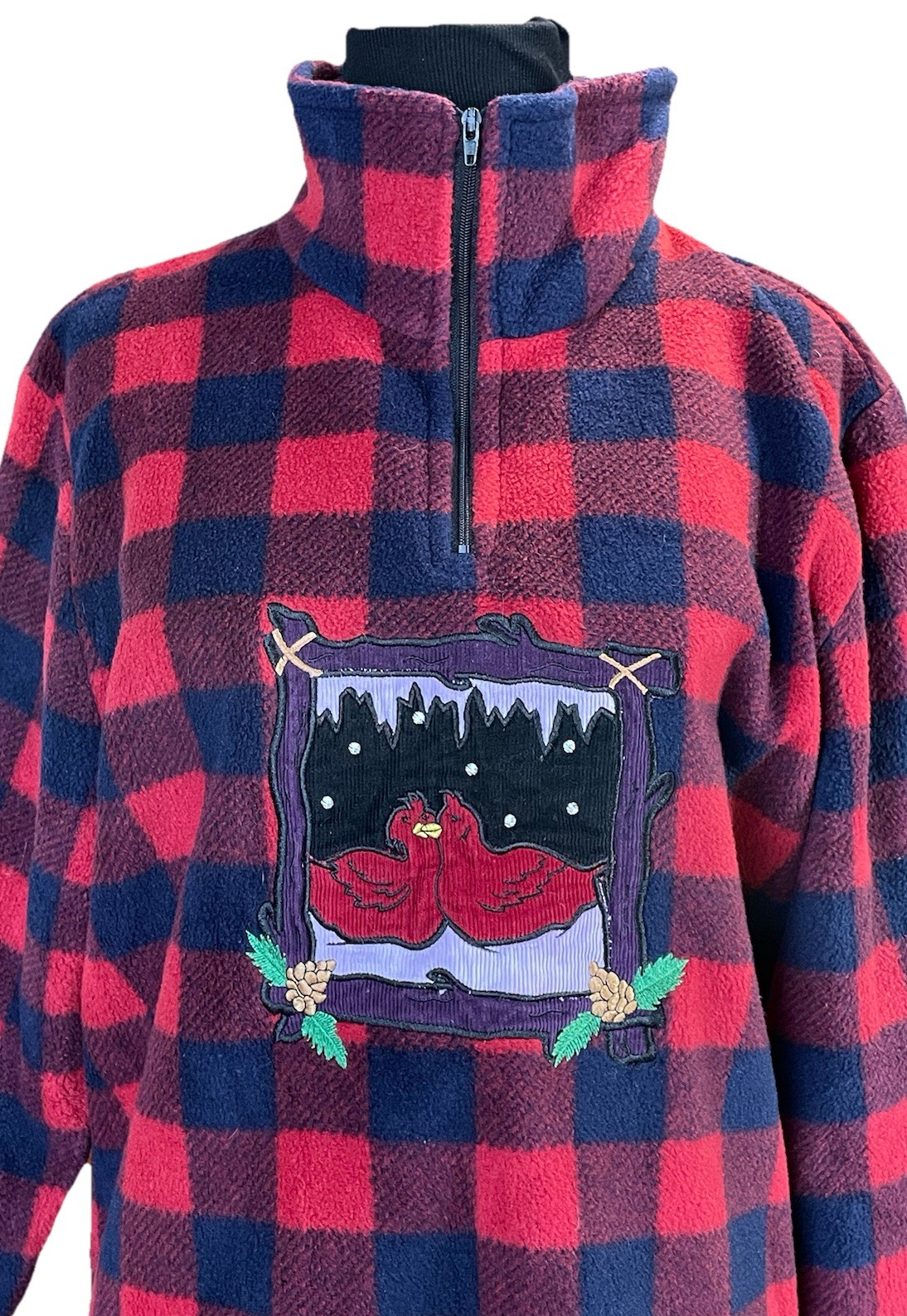 Quacker Factory Buffalo Plaid Fleece Quarter Zip Pullover Bird Embroidered M VTG
