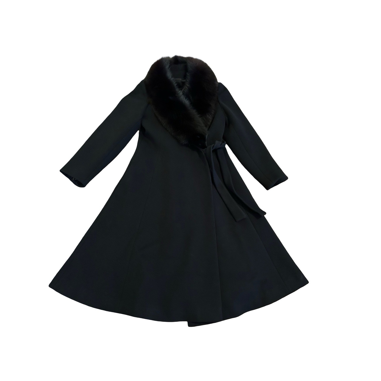 Vtg Fox Fur Black Wool Skirted Coat Pinup Bombshell Soft Girl Old Money Romantic