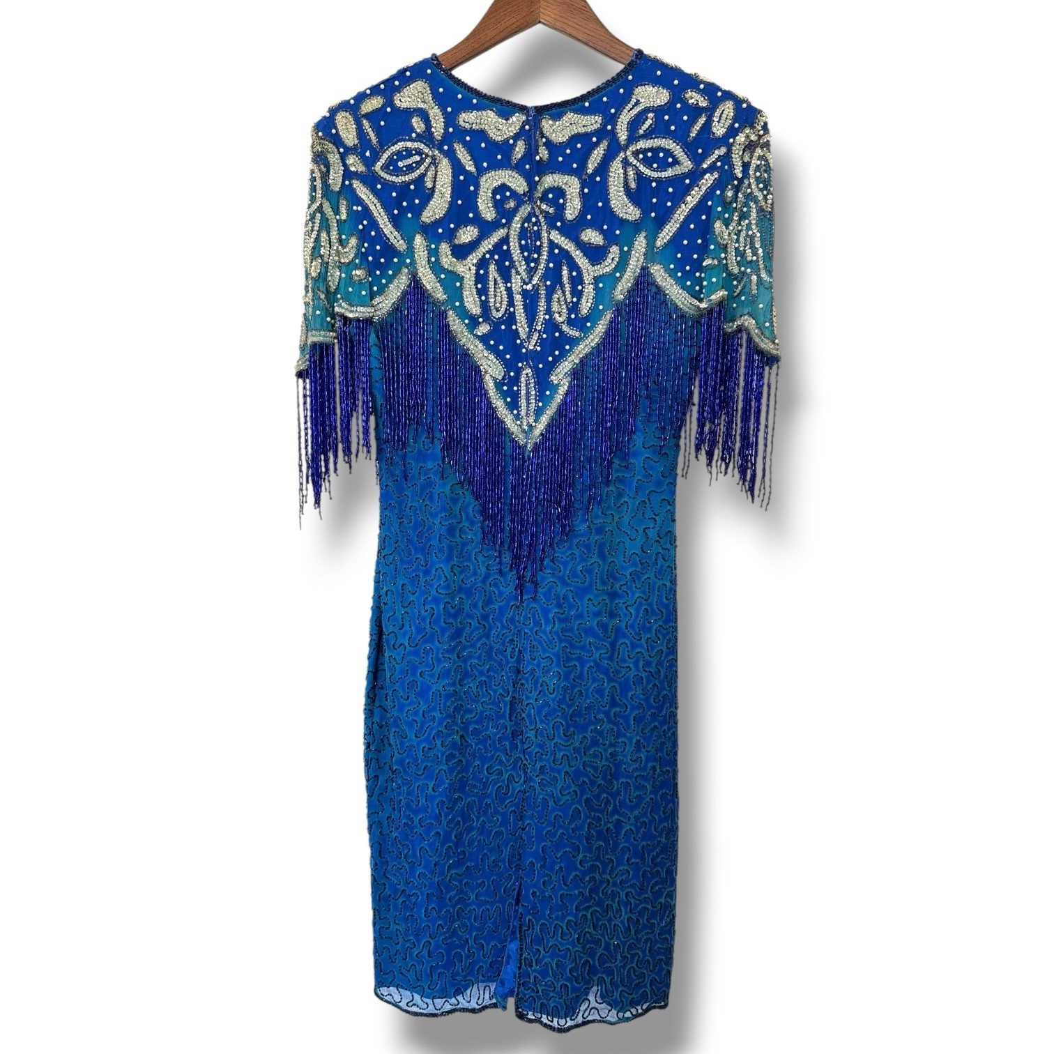 Sweelo Sequin Beaded Silk Formal Evening Dress 8-10 Fringe 80s Vintage Gatsby