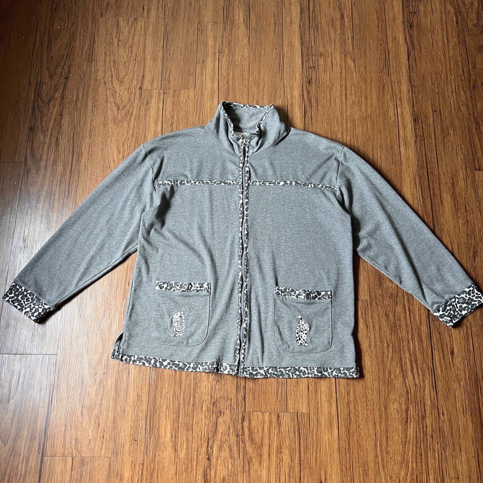 Vintage 90s Full Zip Sweater XL Gray Animal Cat Embroidered Mock Neck Grandma