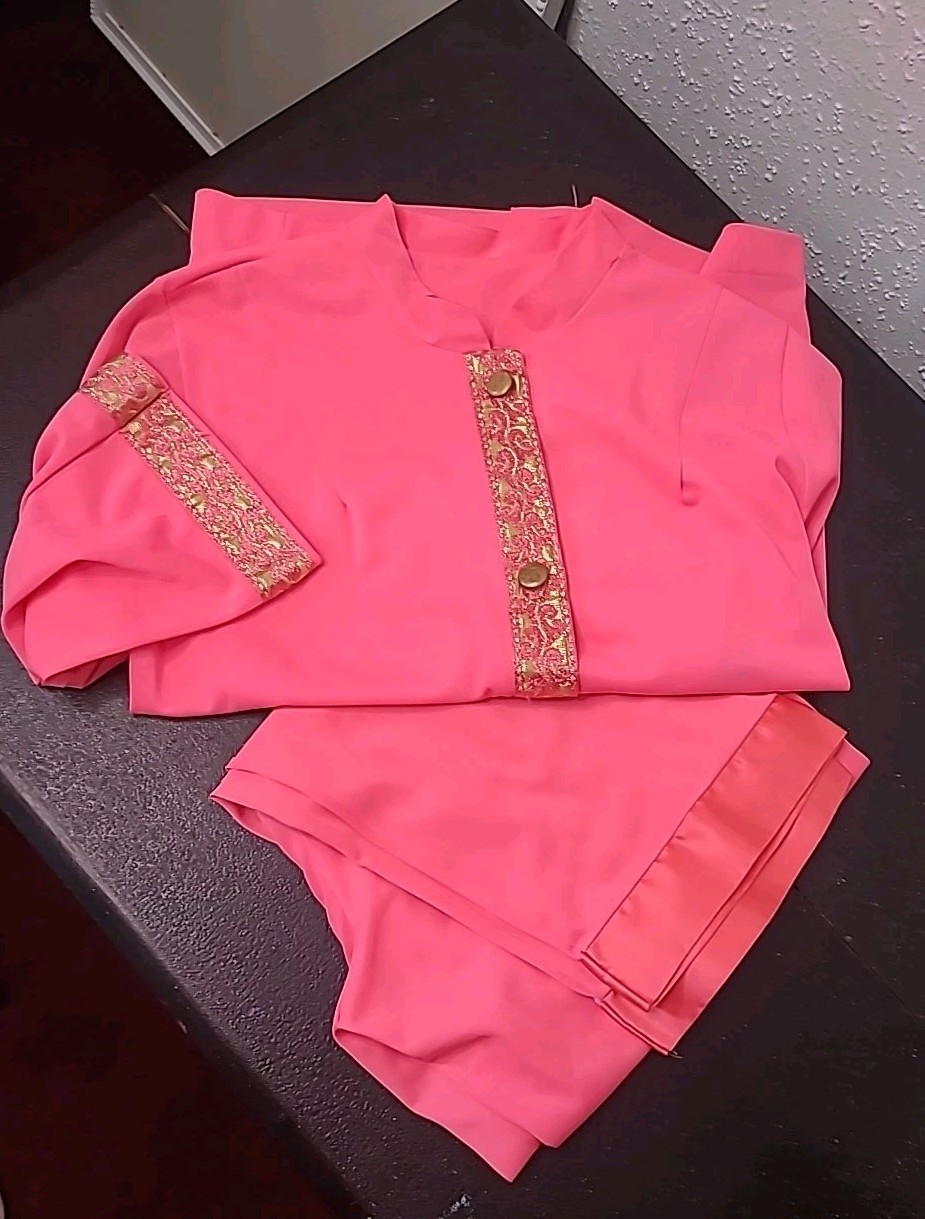 VTG 60s Lorraine Pajamas Coral Metallic Trim Lounge PJ Set Mod Regency Glam 34