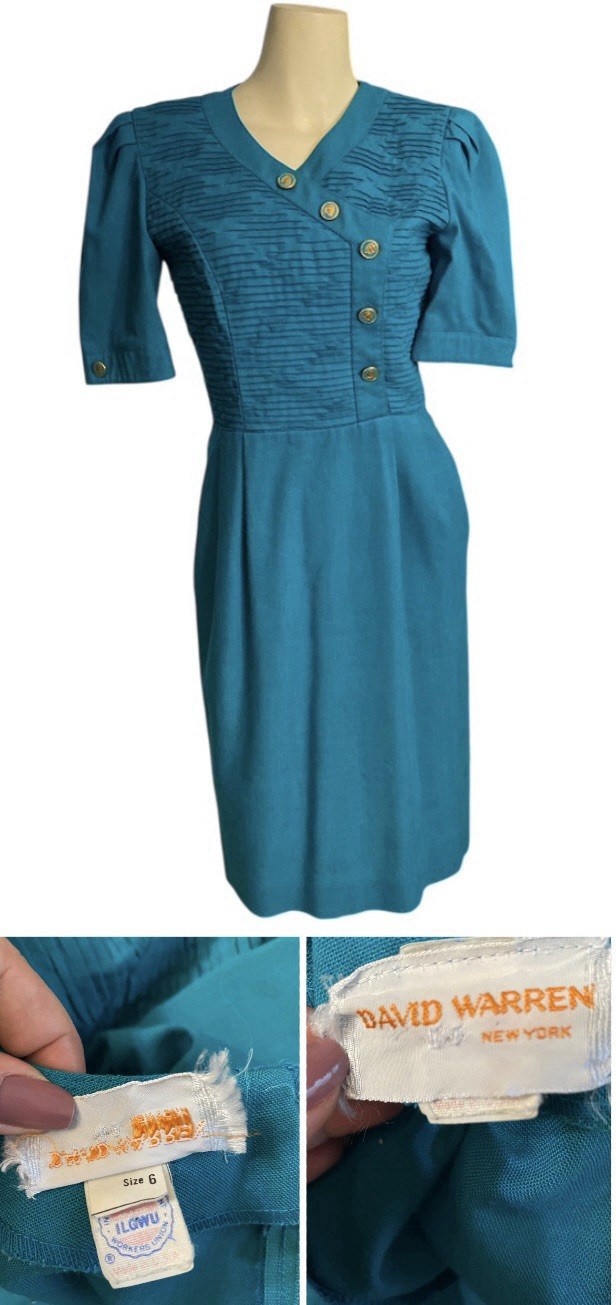 Vintage David Warren New York Midi Secretary Dress Short sleeve Turquoise Green