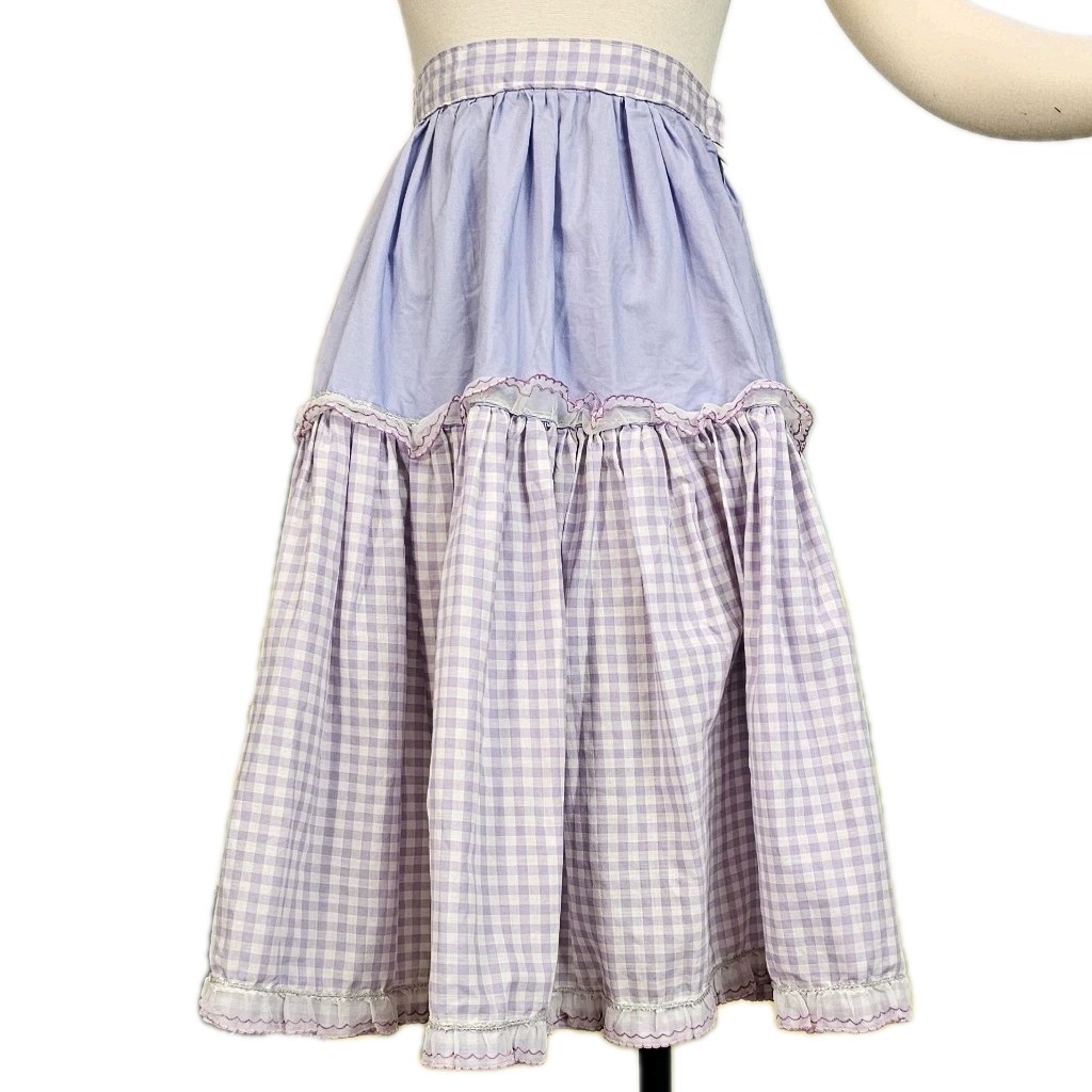 Vintage 1940s 50s Skirt Lilac Purple Gingam Scalloped Lace Ruffle Tiered Picnic
